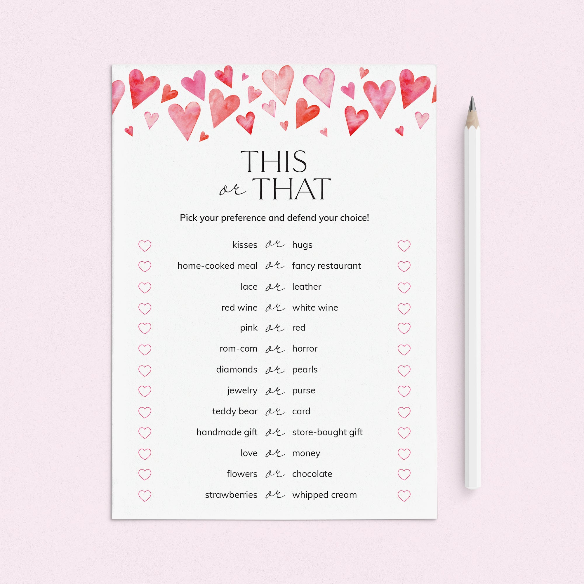Printable Valentine's Day This or That Game with Watercolor Hearts by LittleSizzle