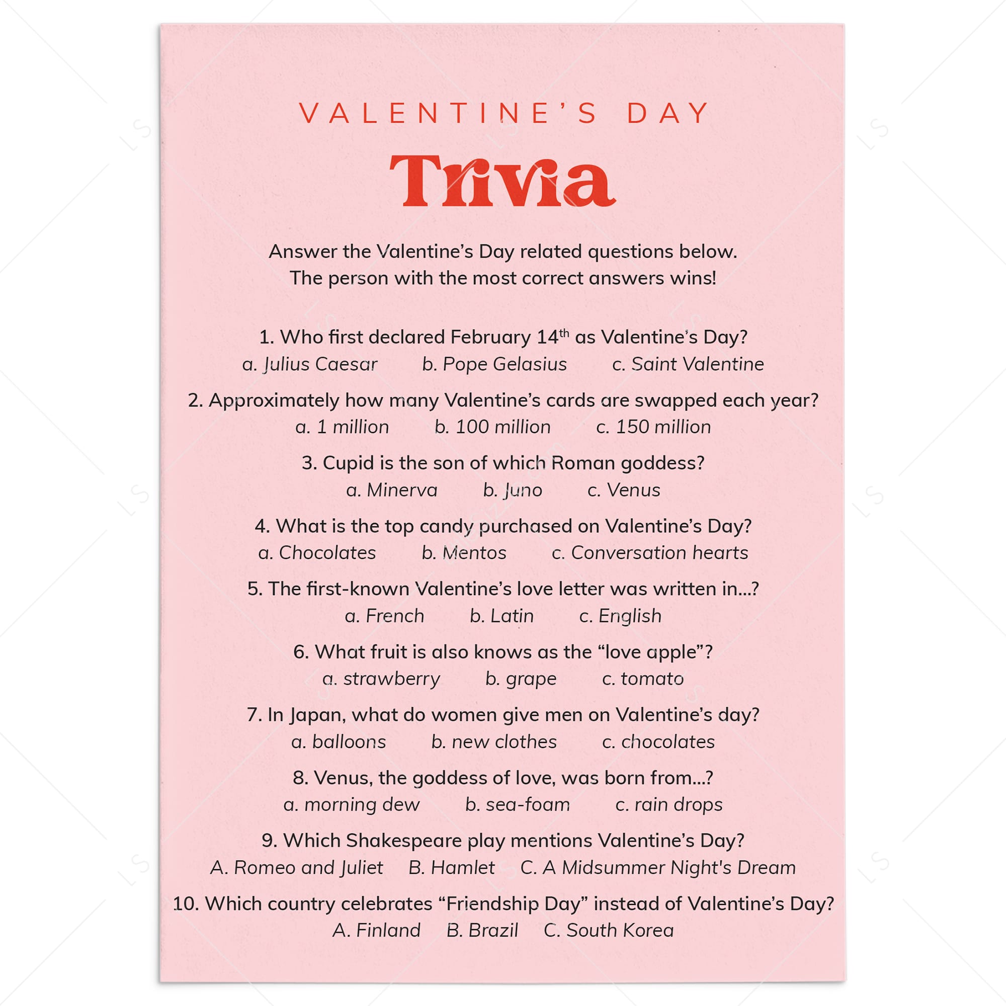 Pink and Red Valentines Trivia Game with Answers by LittleSizzle