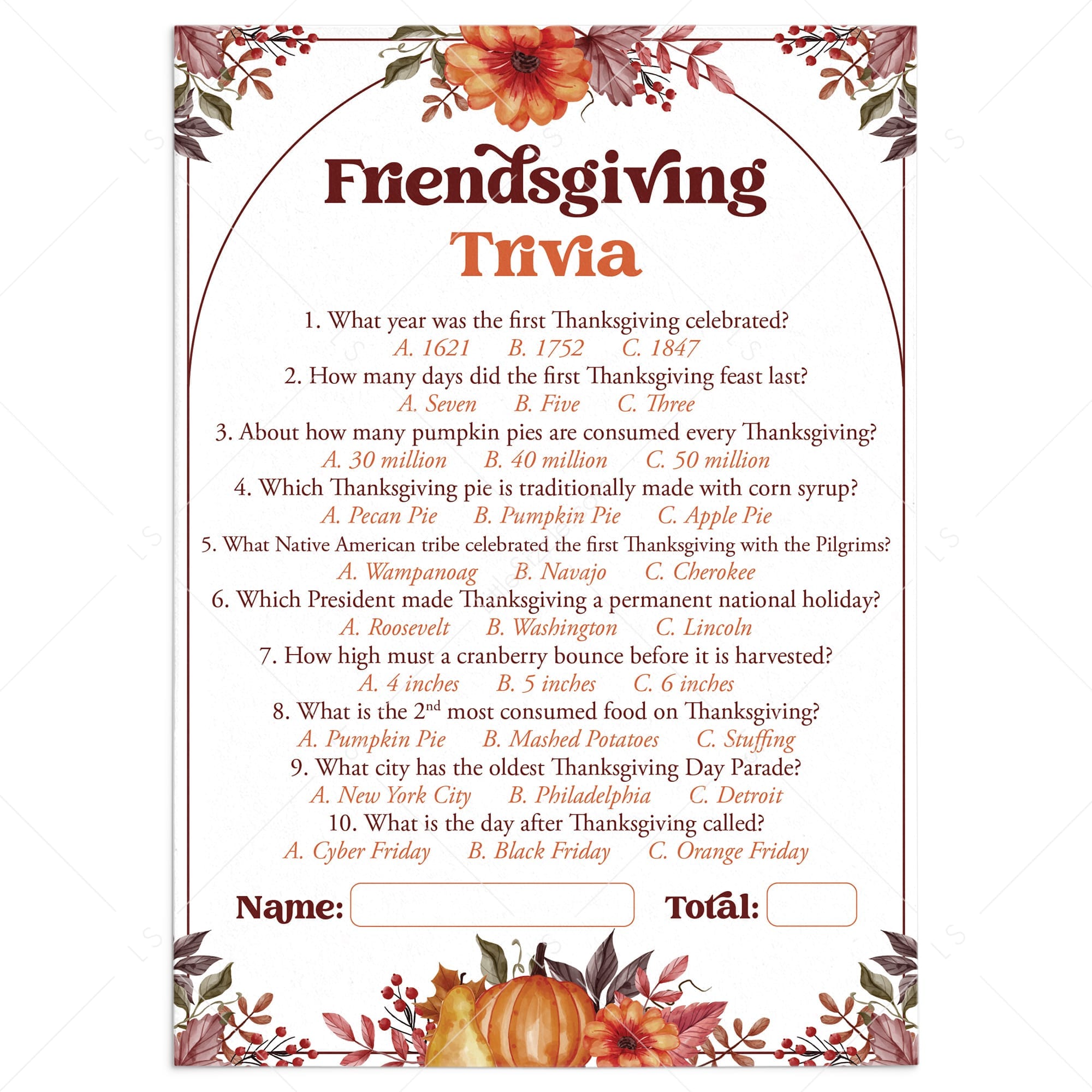 Friendsgiving Trivia Questions and Answers Printable by LittleSizzle