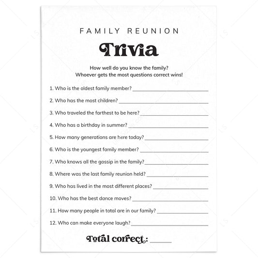 Family Reunion Trivia Questions Printable Icebreaker Game by LittleSizzle