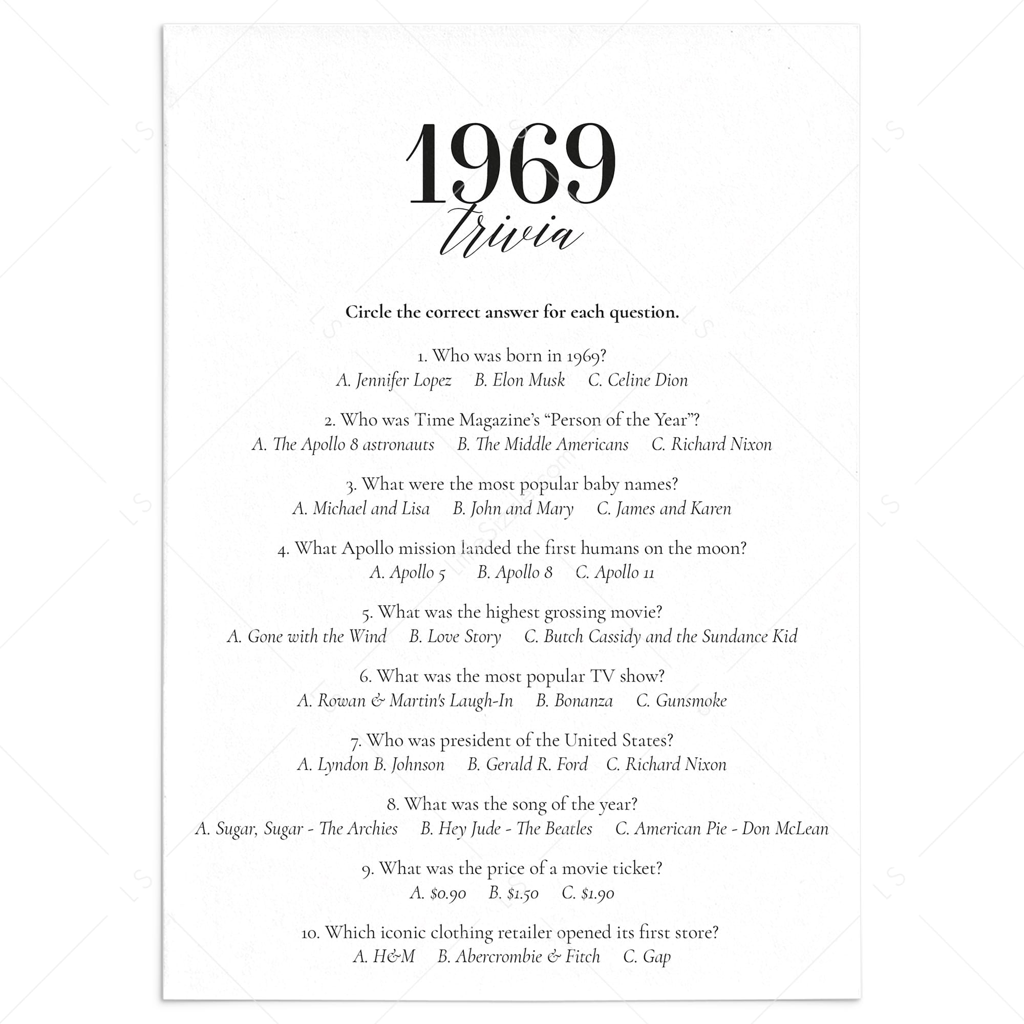 1969 Fun Facts Quiz with Answers Printable by LittleSizzle