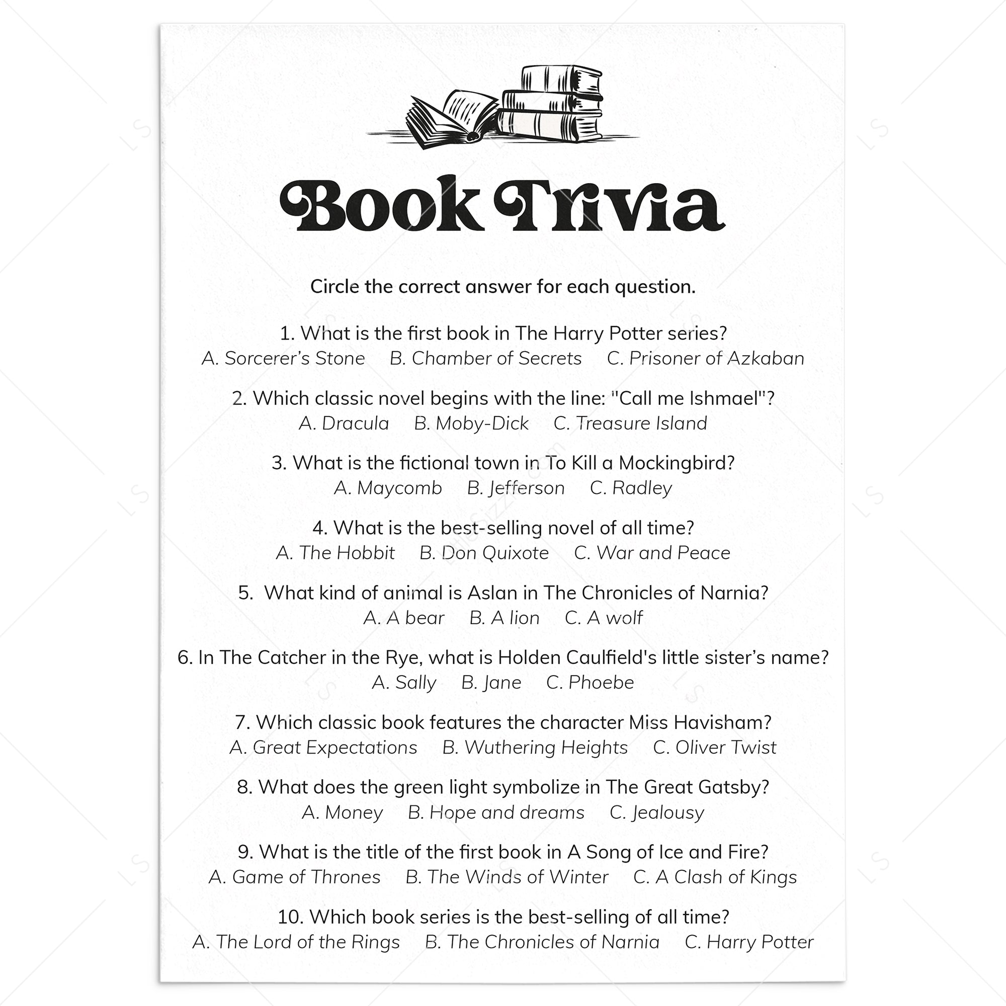 Printable Book Quiz Questions and Answers by LittleSizzle