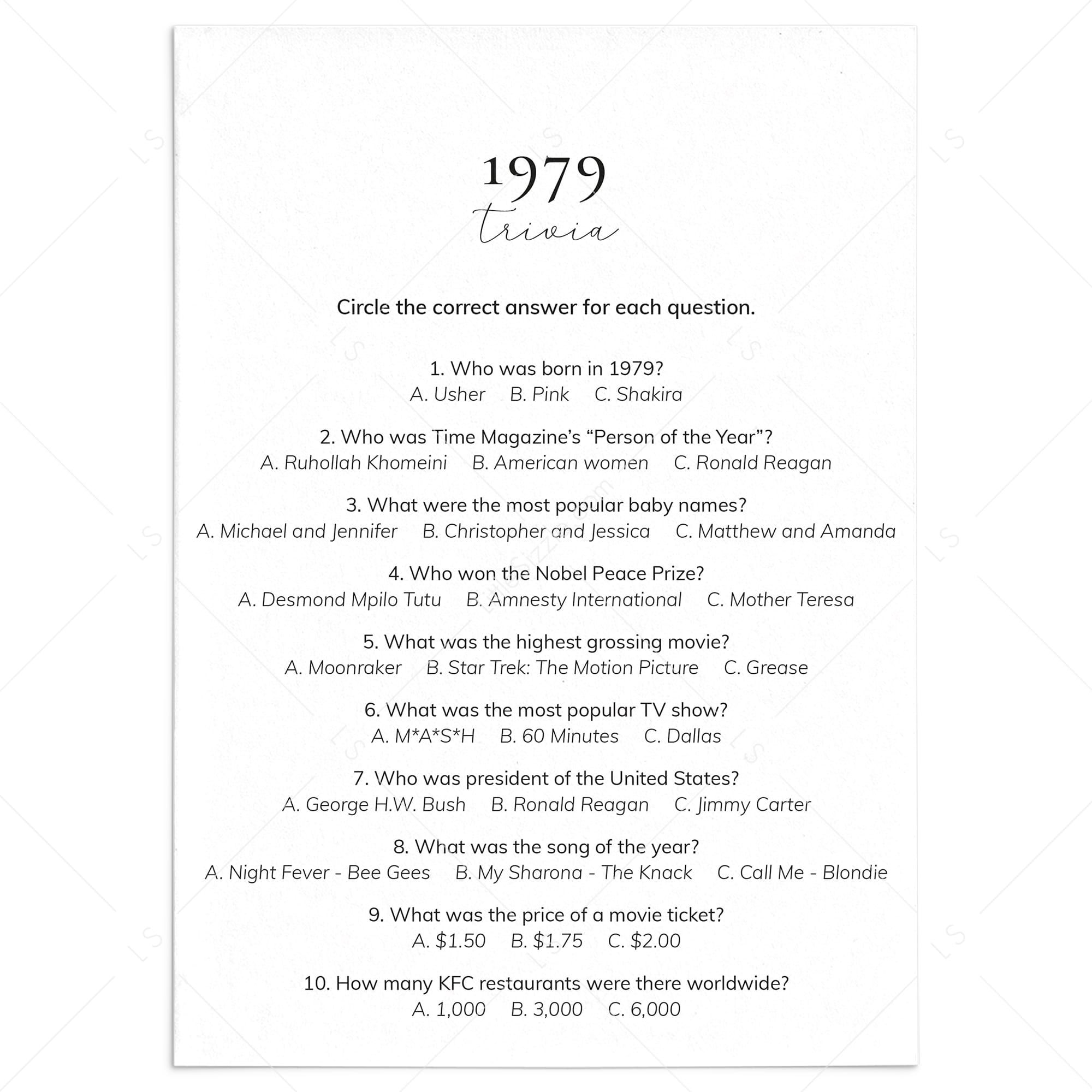 1979 Quiz and Answers Printable by LittleSizzle