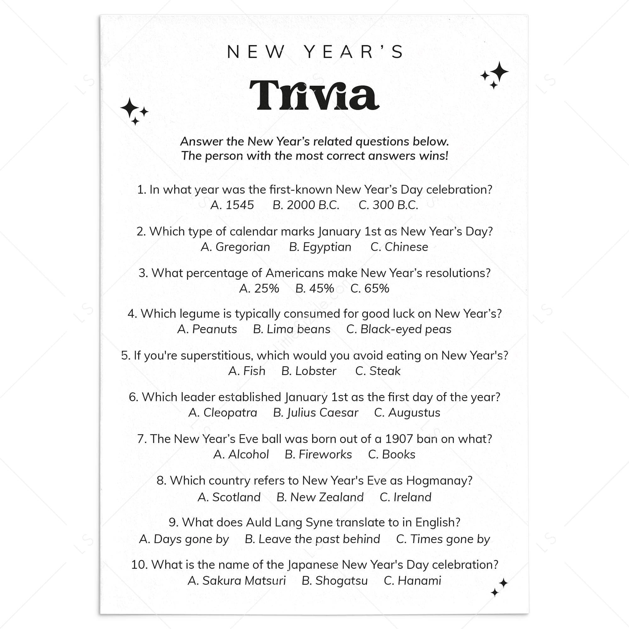 New Year's Eve Trivia Questions and Answers Printable by LittleSizzle