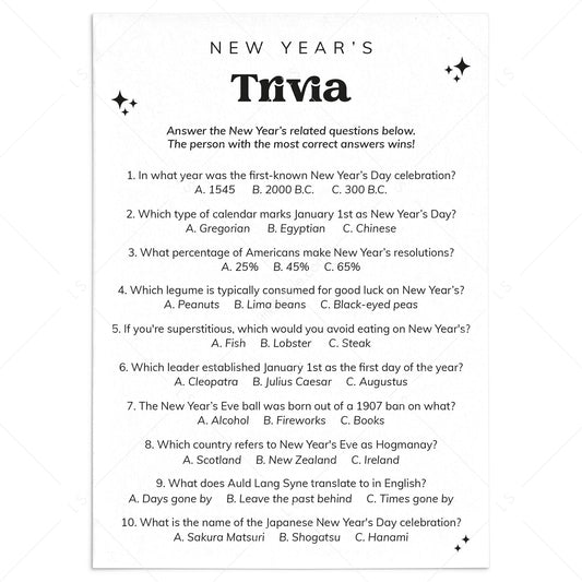 New Year's Eve Trivia Questions and Answers Printable by LittleSizzle