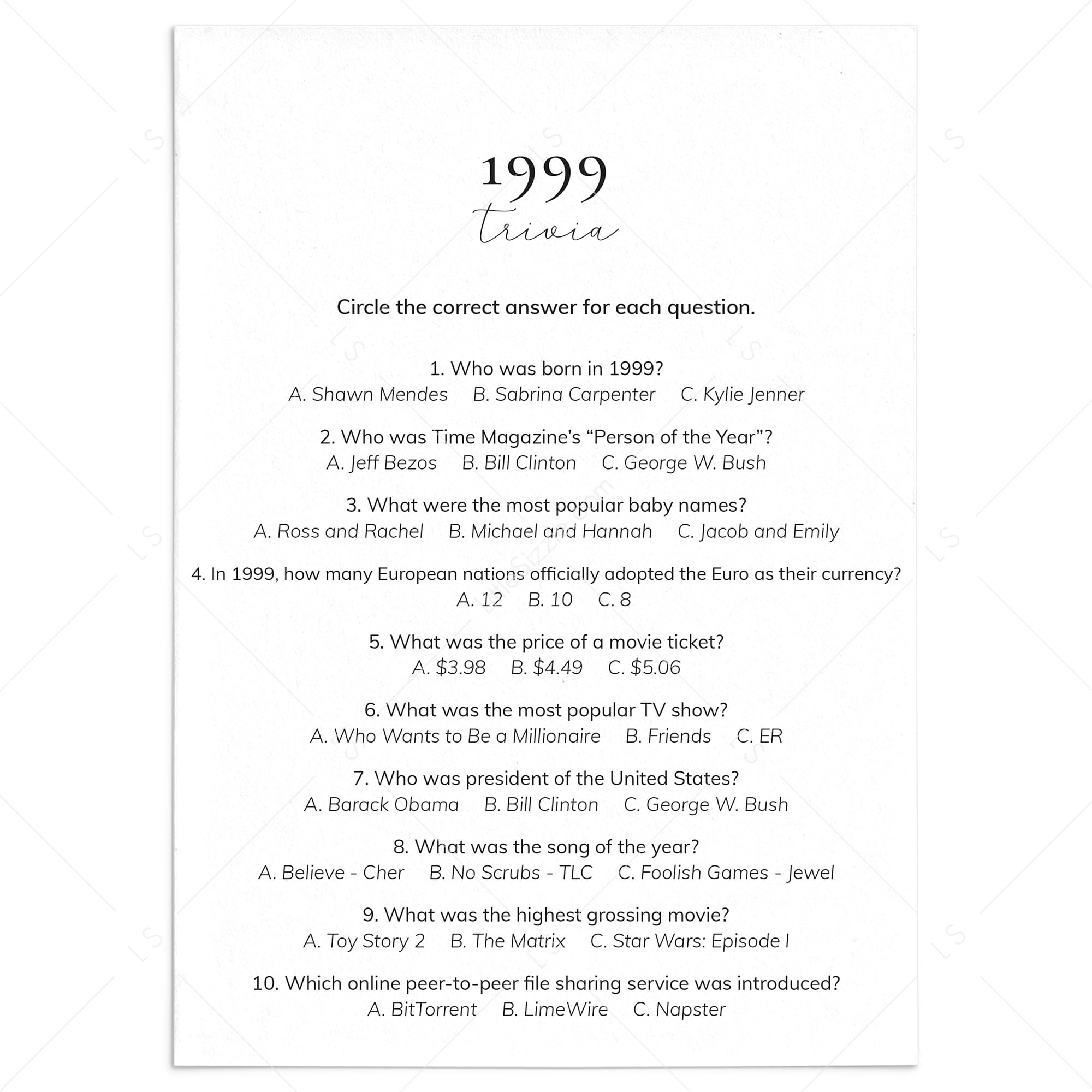 1999 Quiz and Answers Printable by LittleSizzle