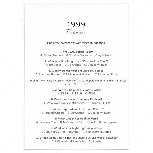 1999 Quiz and Answers Printable by LittleSizzle