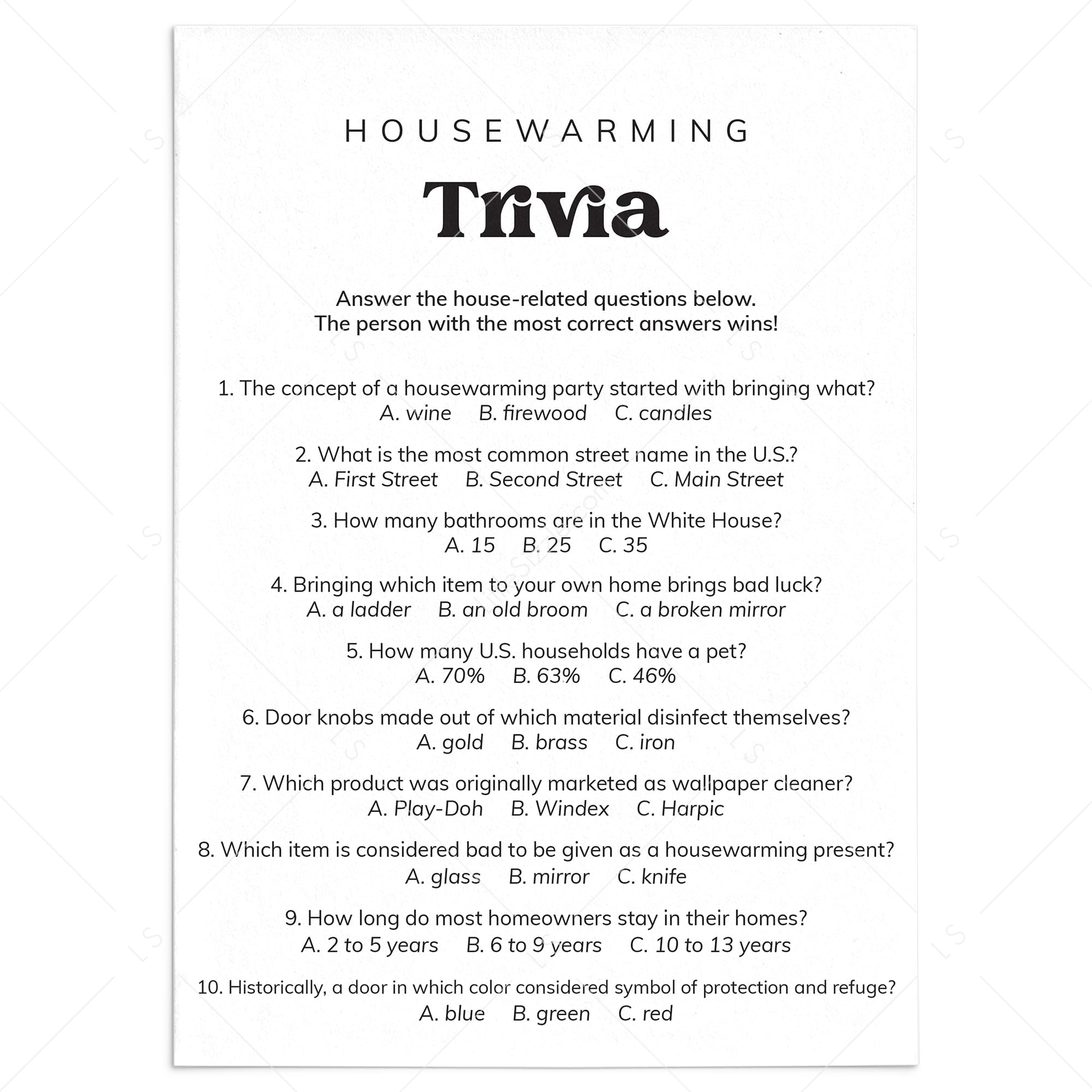 Printable Housewarming Party Trivia Questions and Answers by LittleSizzle