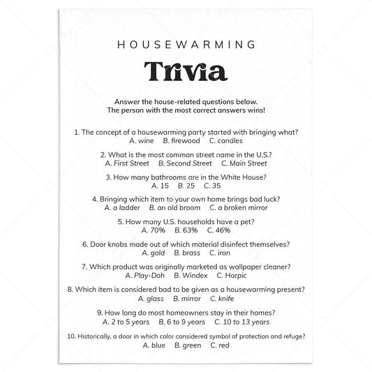 Printable Housewarming Party Trivia Questions and Answers by LittleSizzle