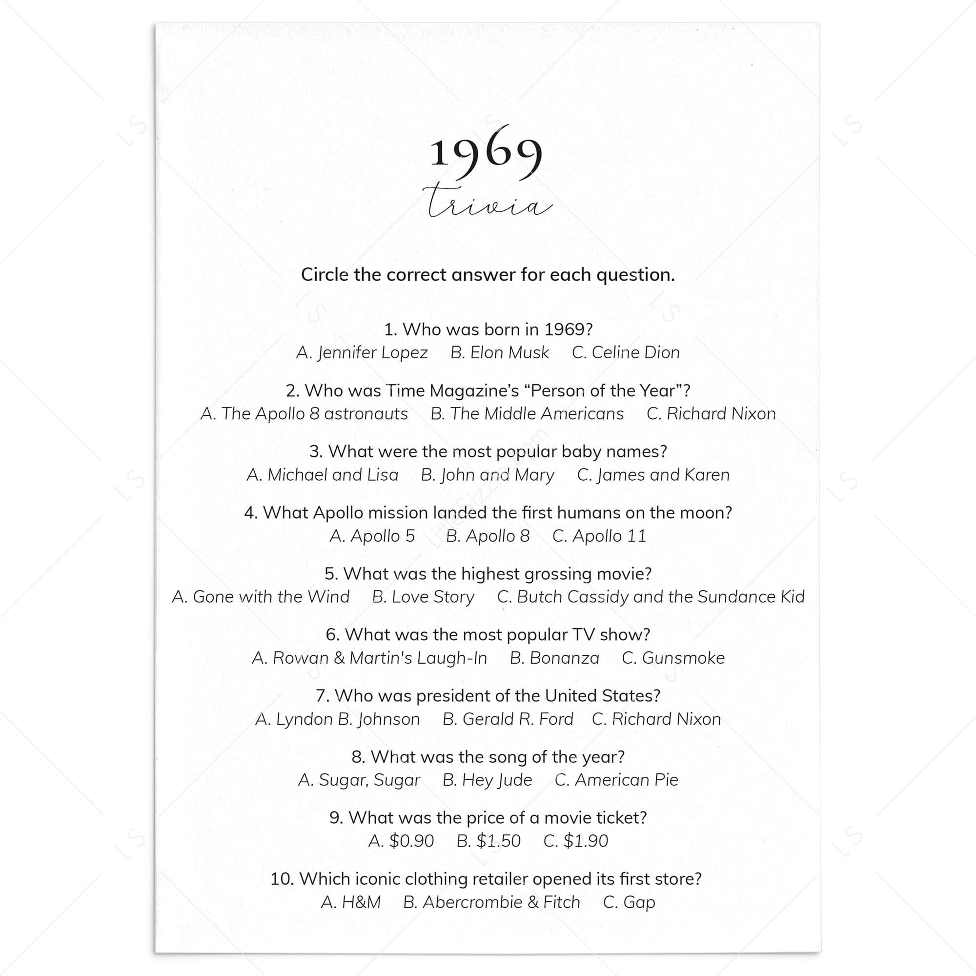 1969 Quiz and Answers Printable by LittleSizzle
