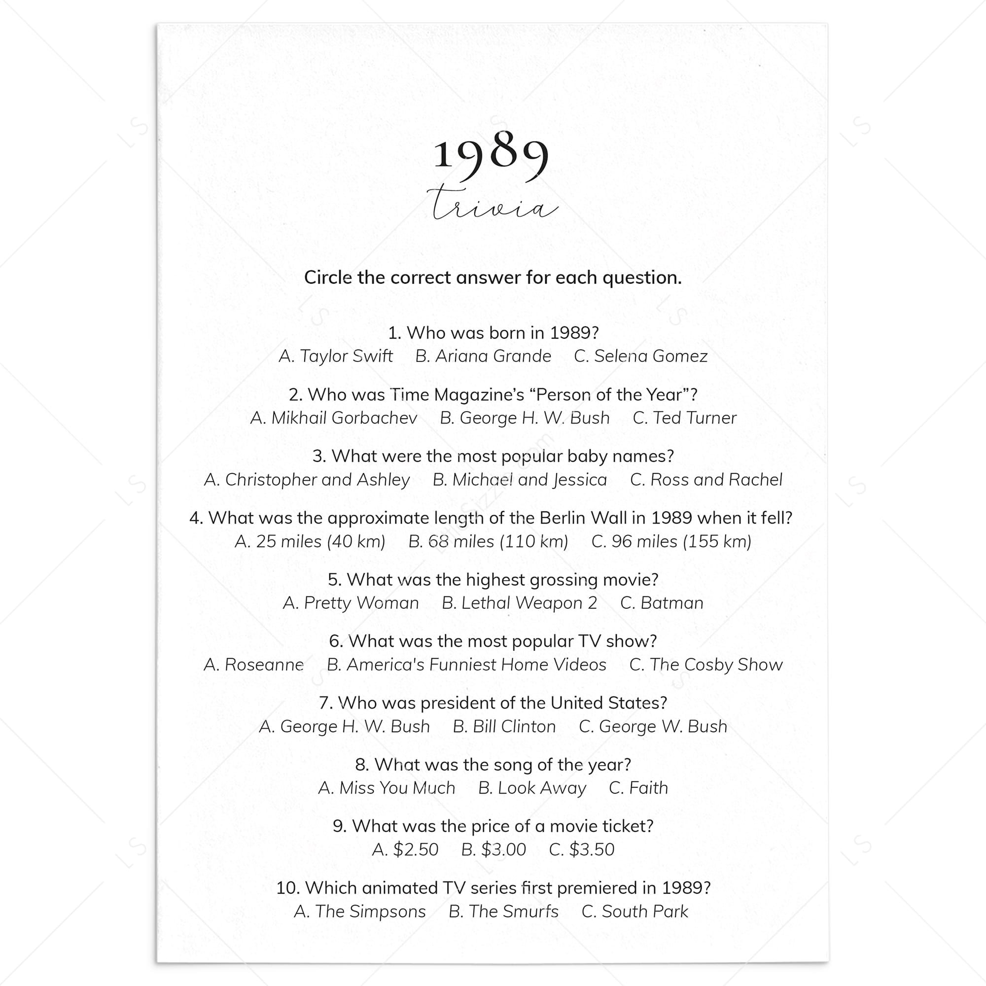 1989 Quiz and Answers Printable by LittleSizzle