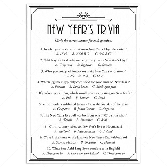 Art Deco New Year's Eve Trivia Quiz with Answers Printable by LittleSizzle