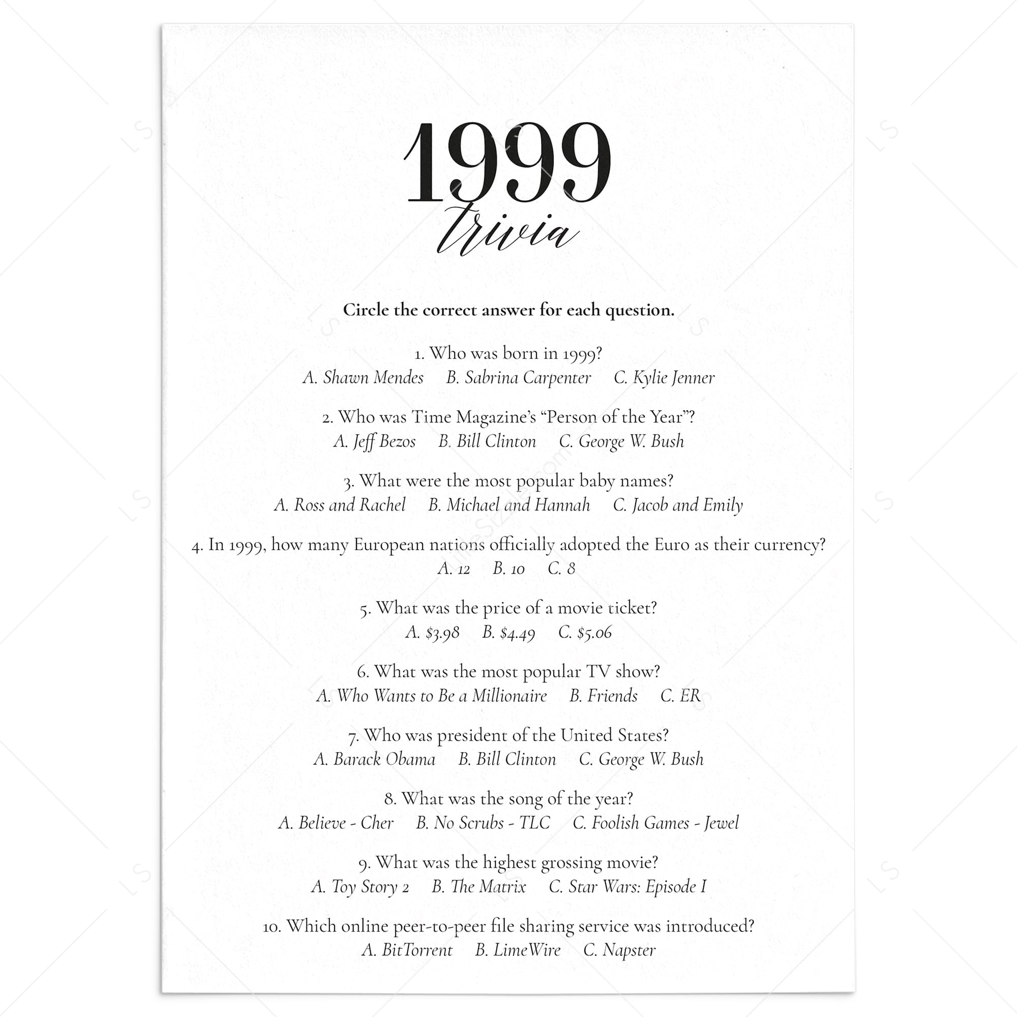 1999 Fun Facts Quiz with Answers Printable by LittleSizzle
