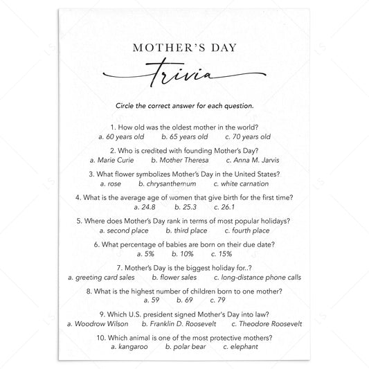 Printable Mother's Day Trivia Quiz with Answer Key by LittleSizzle