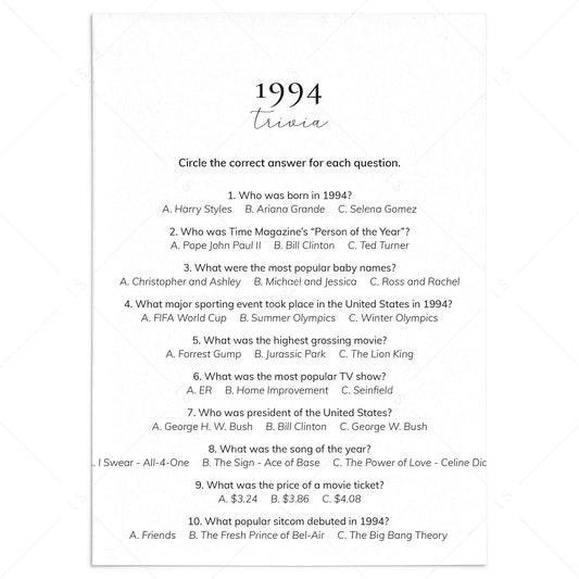 1994 Quiz and Answers Printable by LittleSizzle