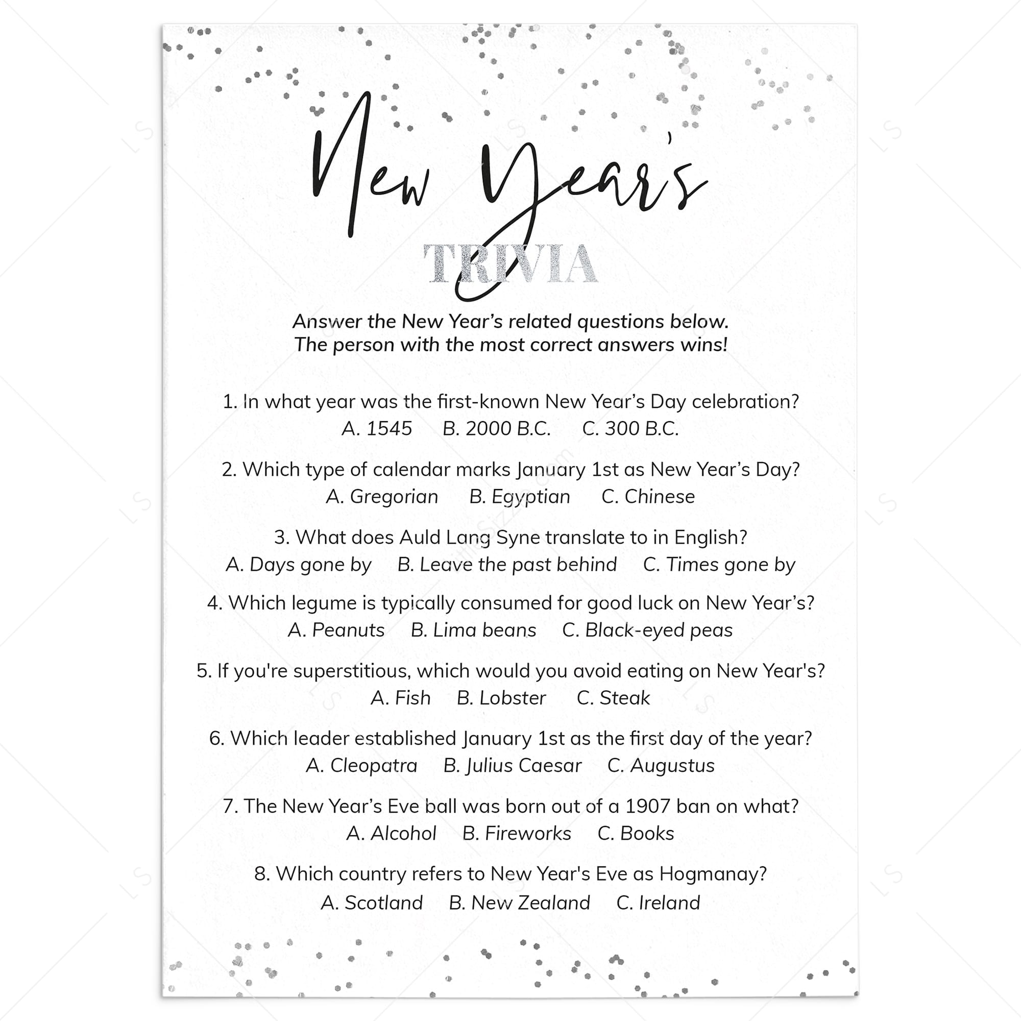 New Year Trivia with Answer Key Printable by LittleSizzle
