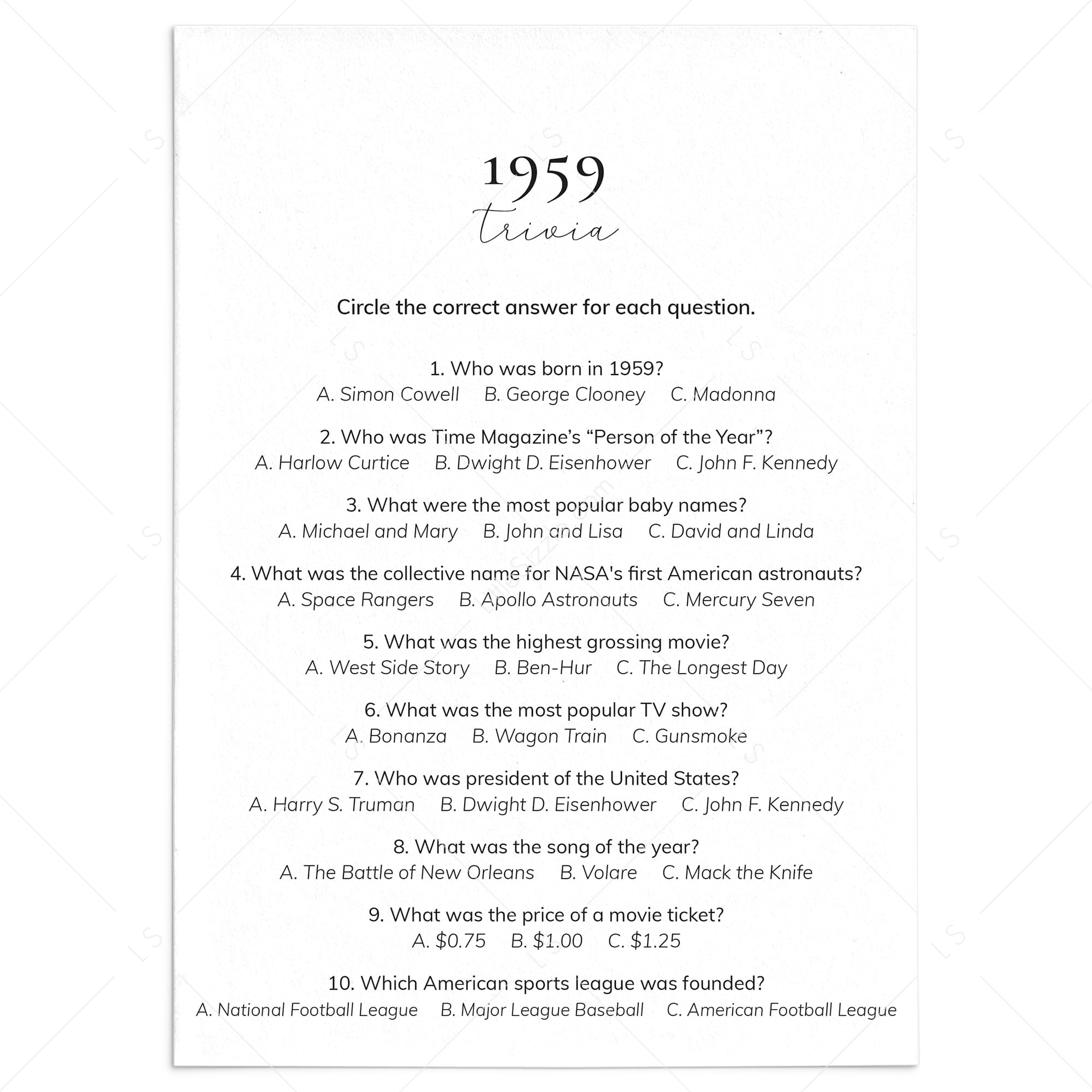 1959 Quiz and Answers Printable by LittleSizzle