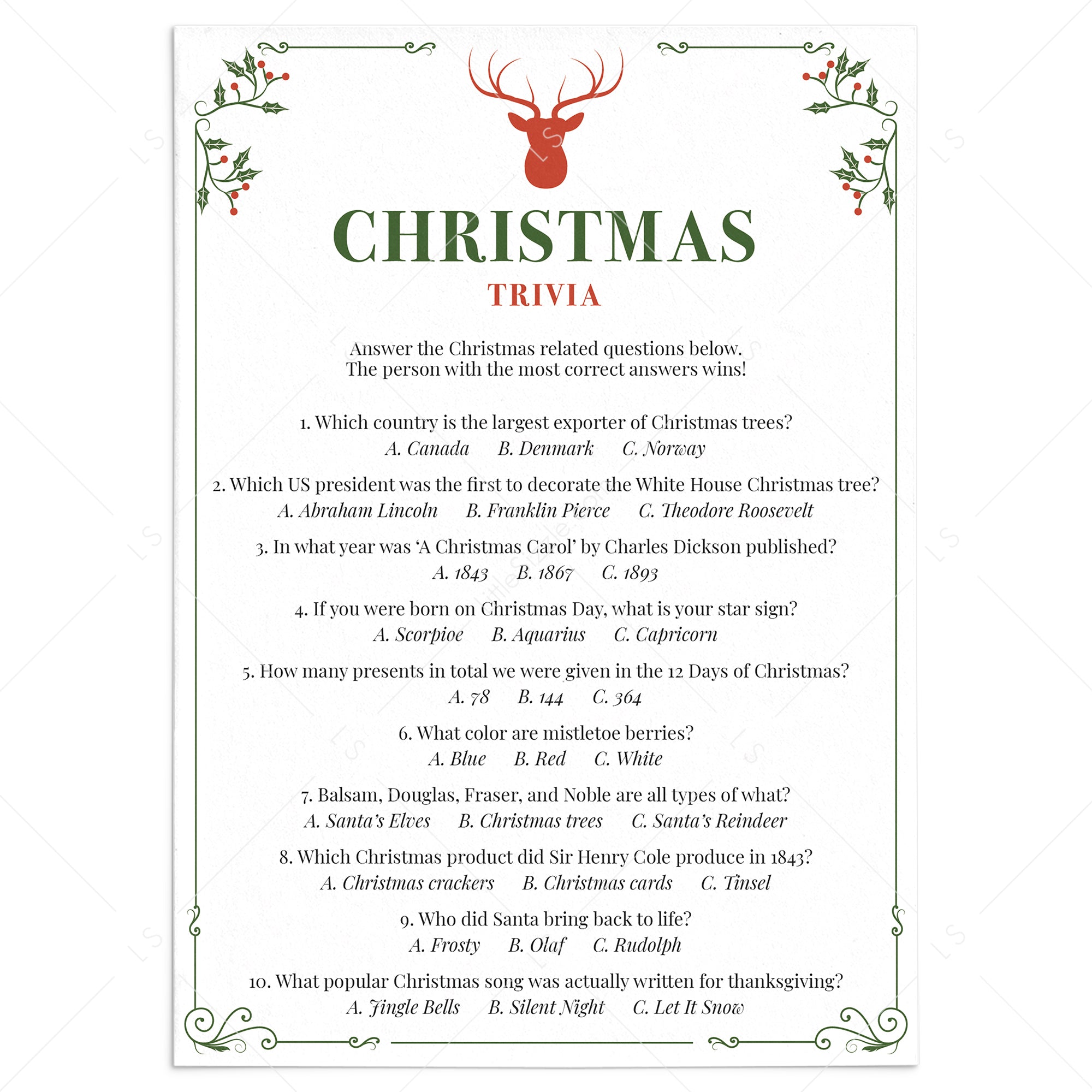 Christmas Trivia Questions and Answers Printable by LittleSizzle