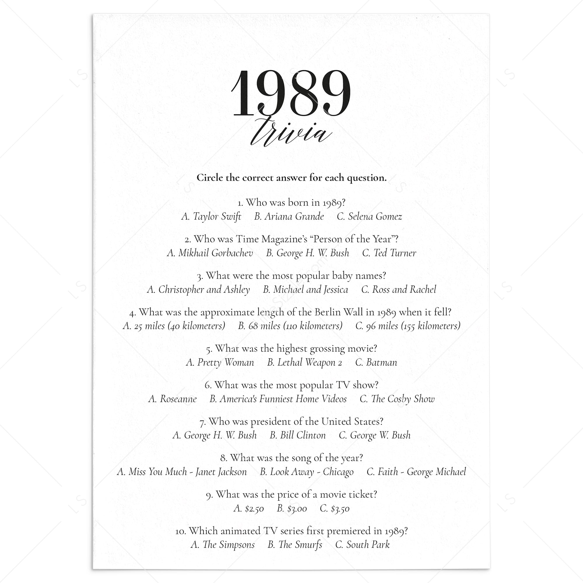 1989 Fun Facts Quiz with Answers Printable by LittleSizzle