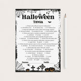 A printable Halloween trivia worksheet with black spiderweb and witch motifs on a white page, shown next to a white pencil on a light beige background.