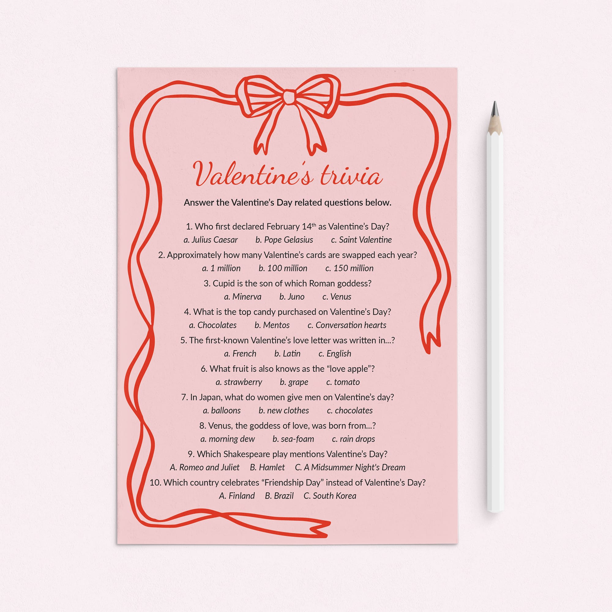Valentine's Day Trivia with Multiple Choice Questions Printable by LittleSizzle