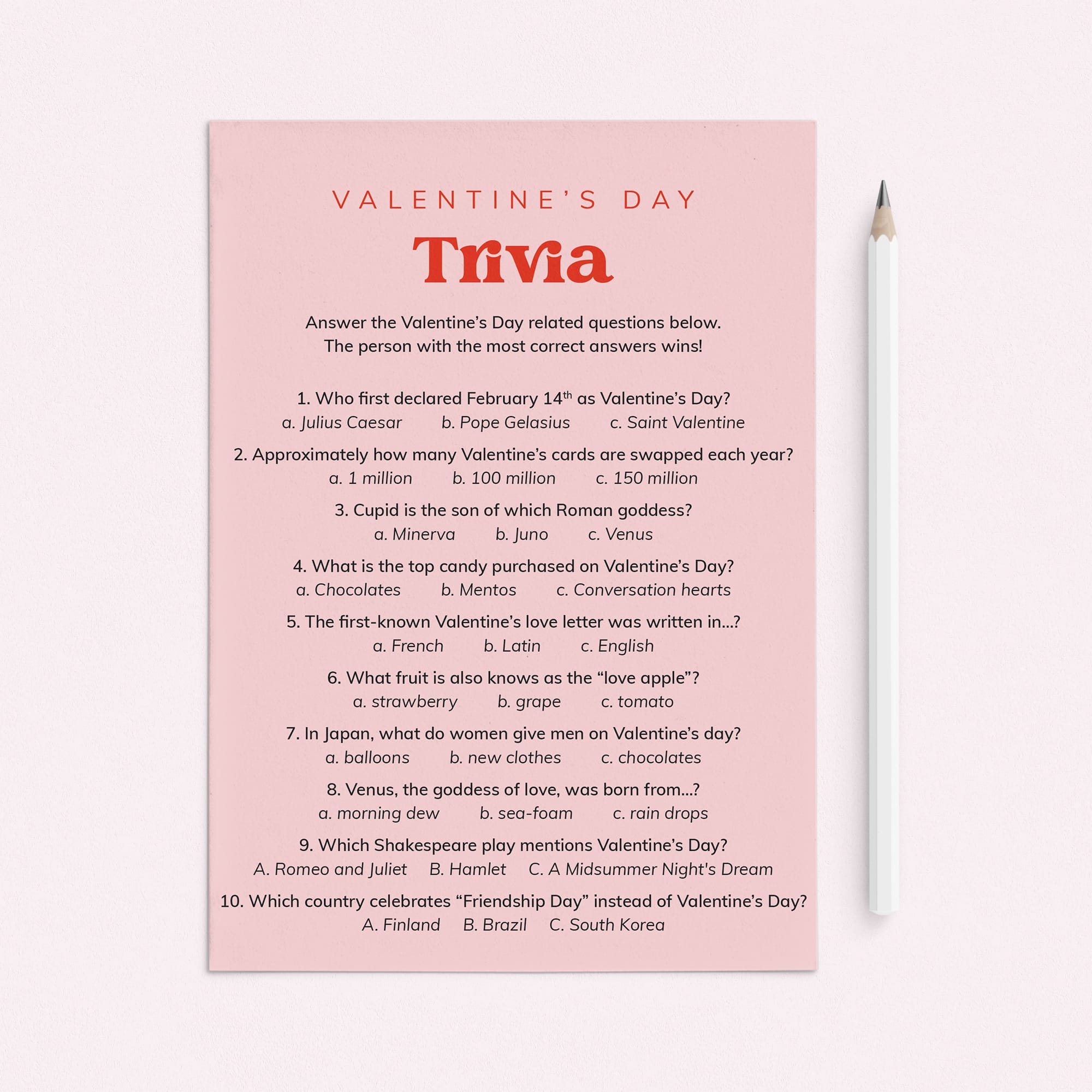 Pink and Red Valentines Trivia Game with Answers by LittleSizzle
