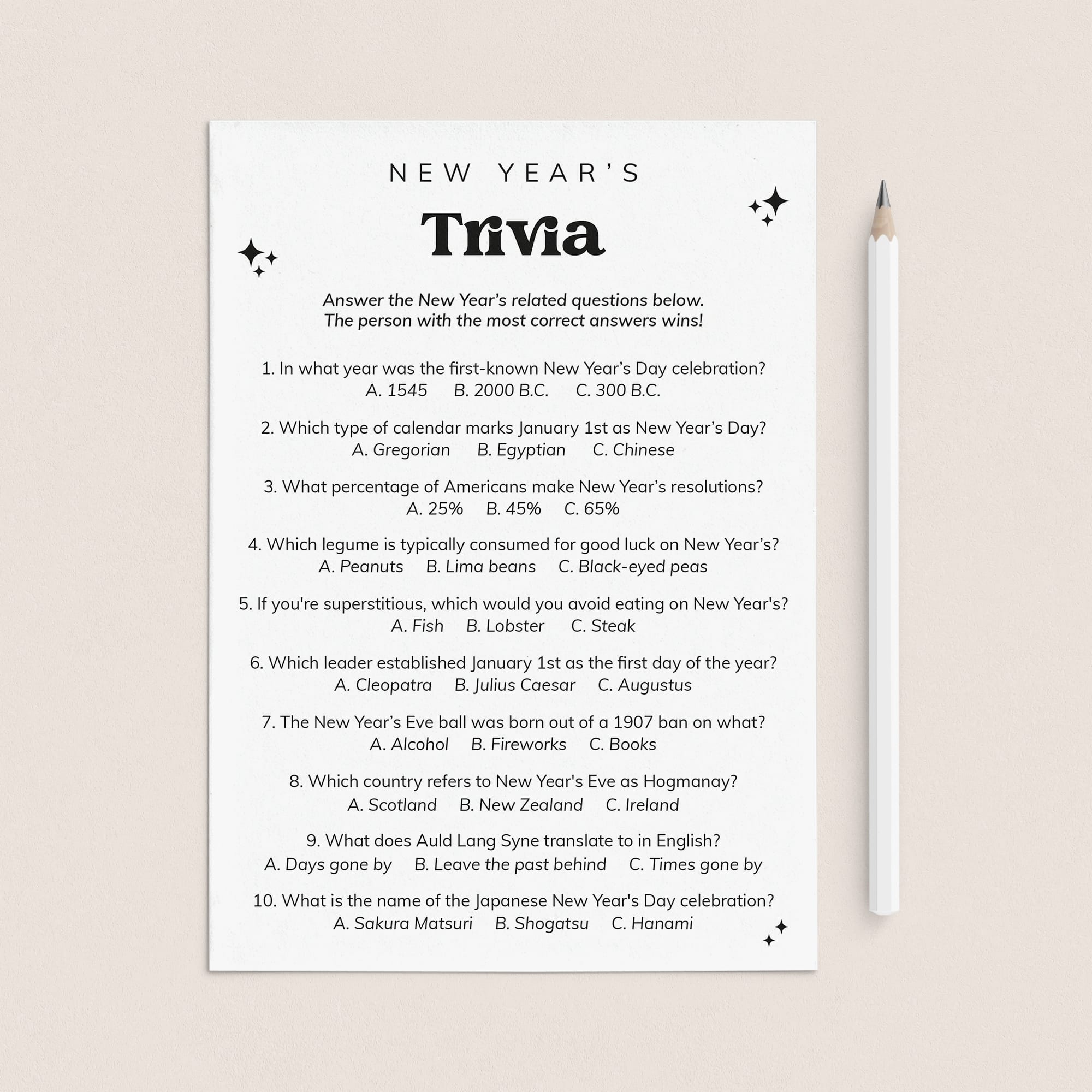 New Year's Eve Trivia Questions and Answers Printable by LittleSizzle