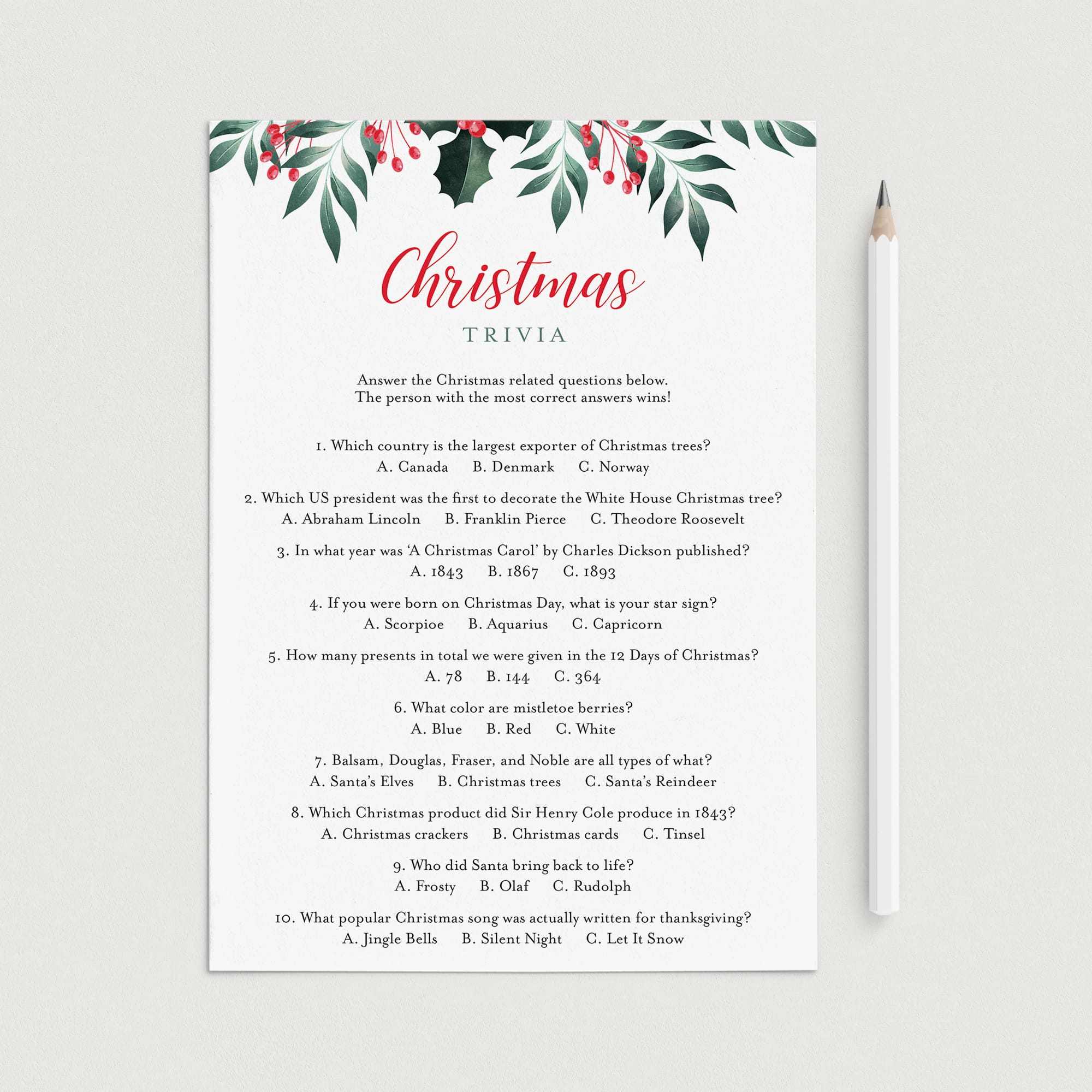 Printable Multiple Choice Christmas Quiz with Answer Key by LittleSizzle