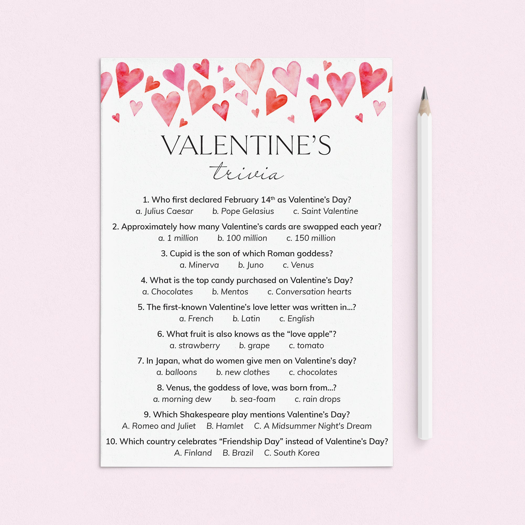 Valentine Trivia Questions and Answers Digital Download by LittleSizzle