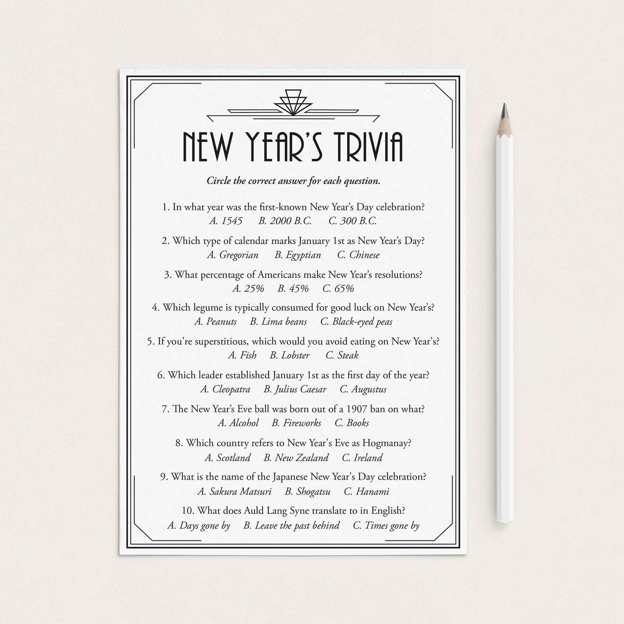 Art Deco New Year's Eve Trivia Quiz with Answers Printable by LittleSizzle