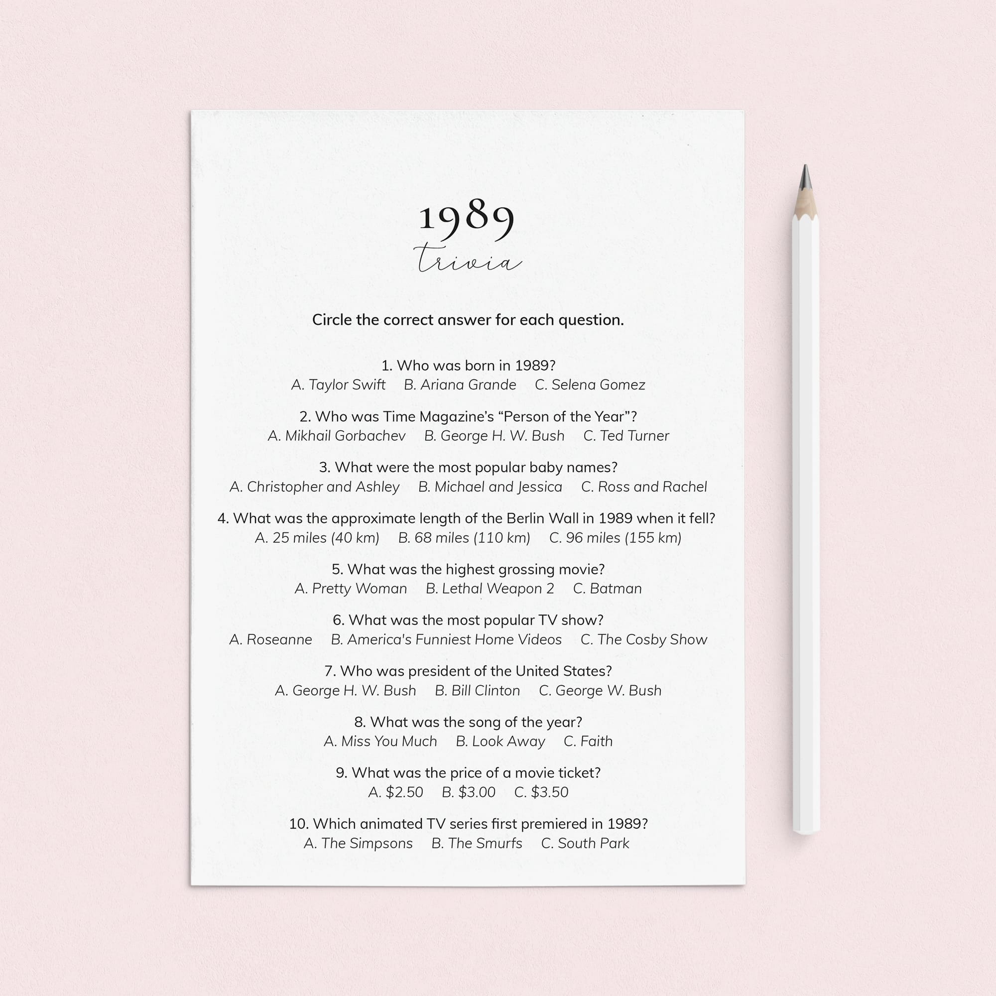 1989 Quiz and Answers Printable by LittleSizzle