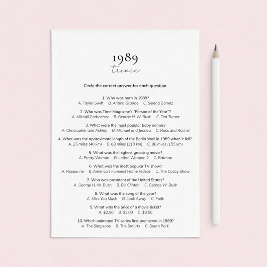 1989 Quiz and Answers Printable by LittleSizzle