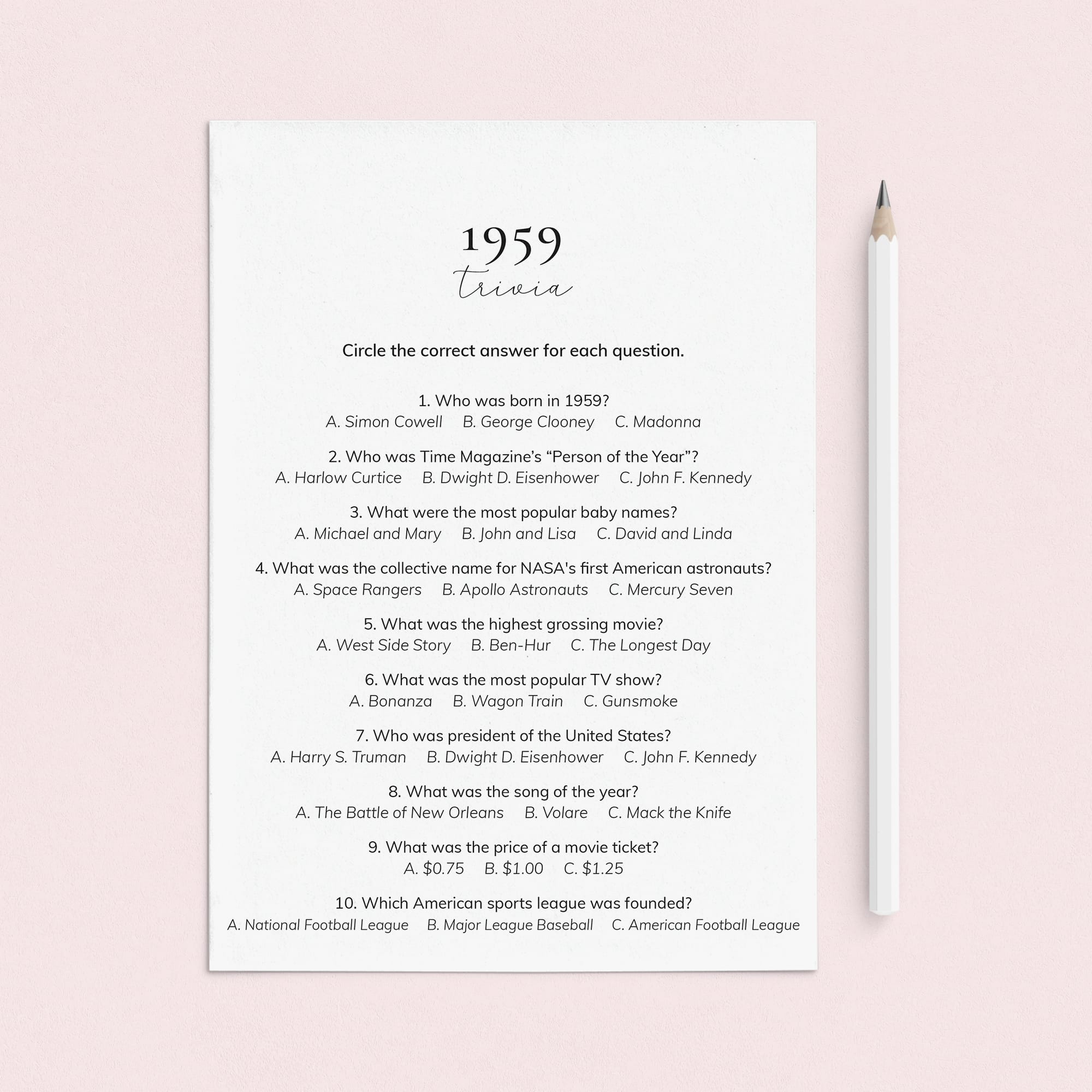1959 Quiz and Answers Printable by LittleSizzle