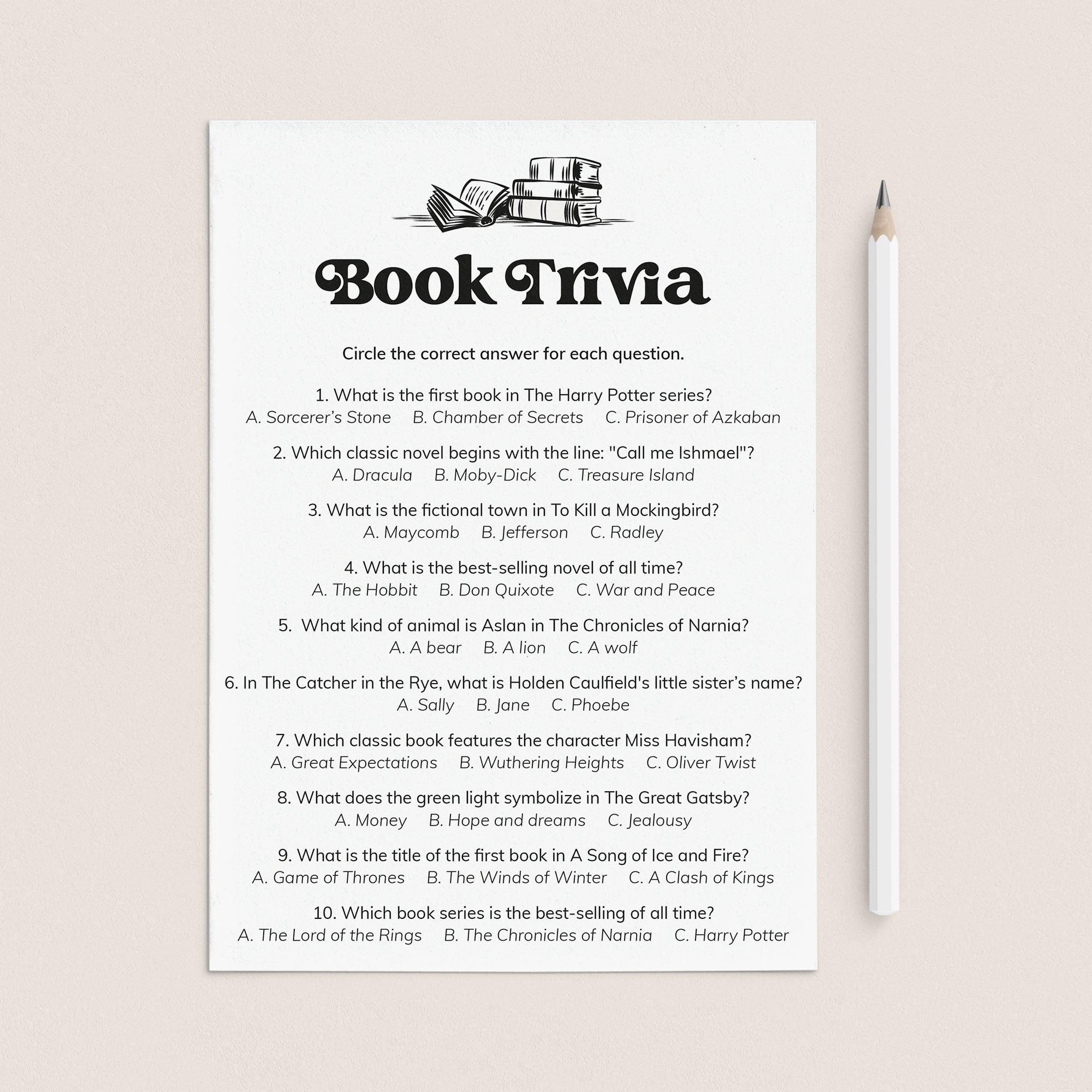 Printable Book Quiz Questions and Answers by LittleSizzle