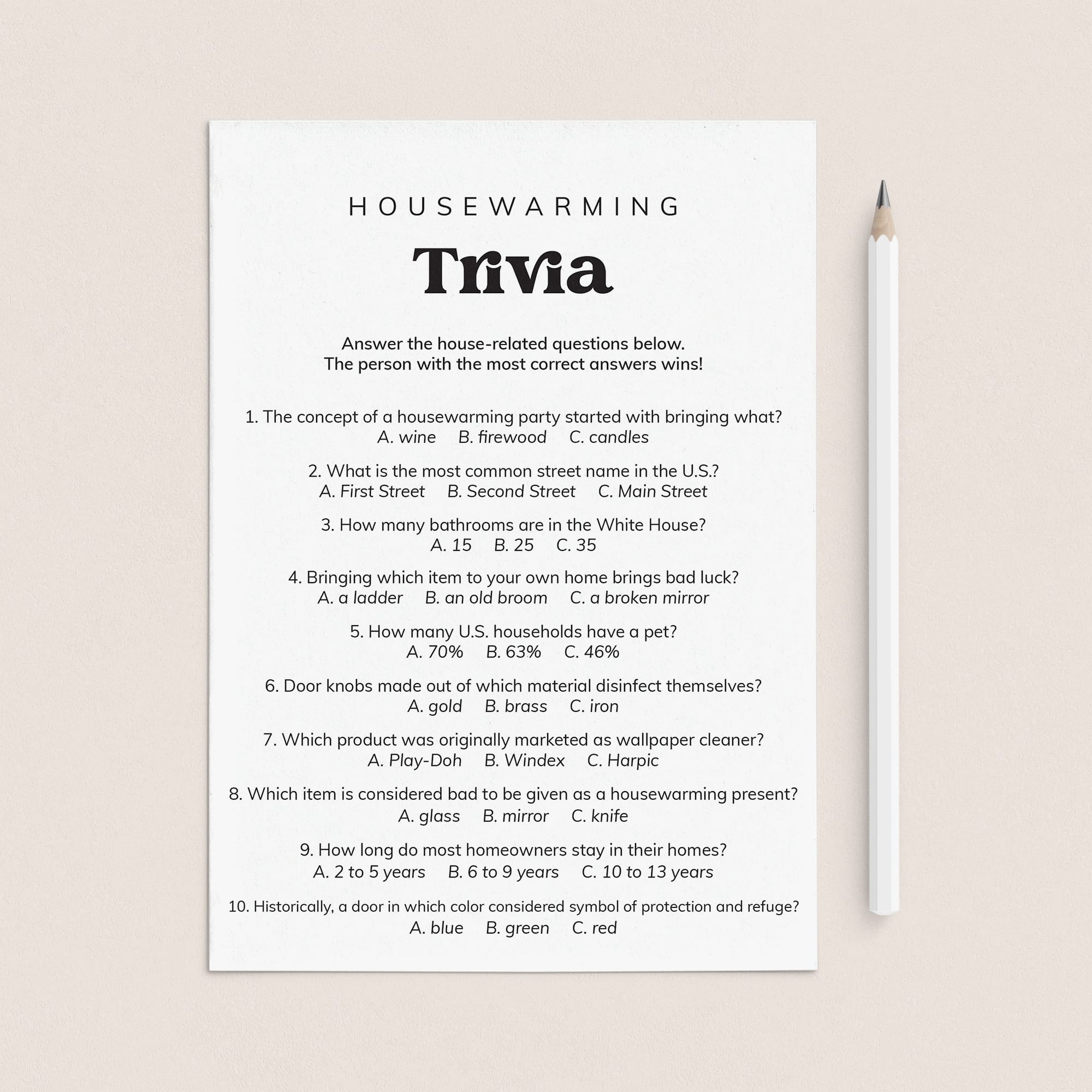 Printable Housewarming Party Trivia Questions and Answers by LittleSizzle