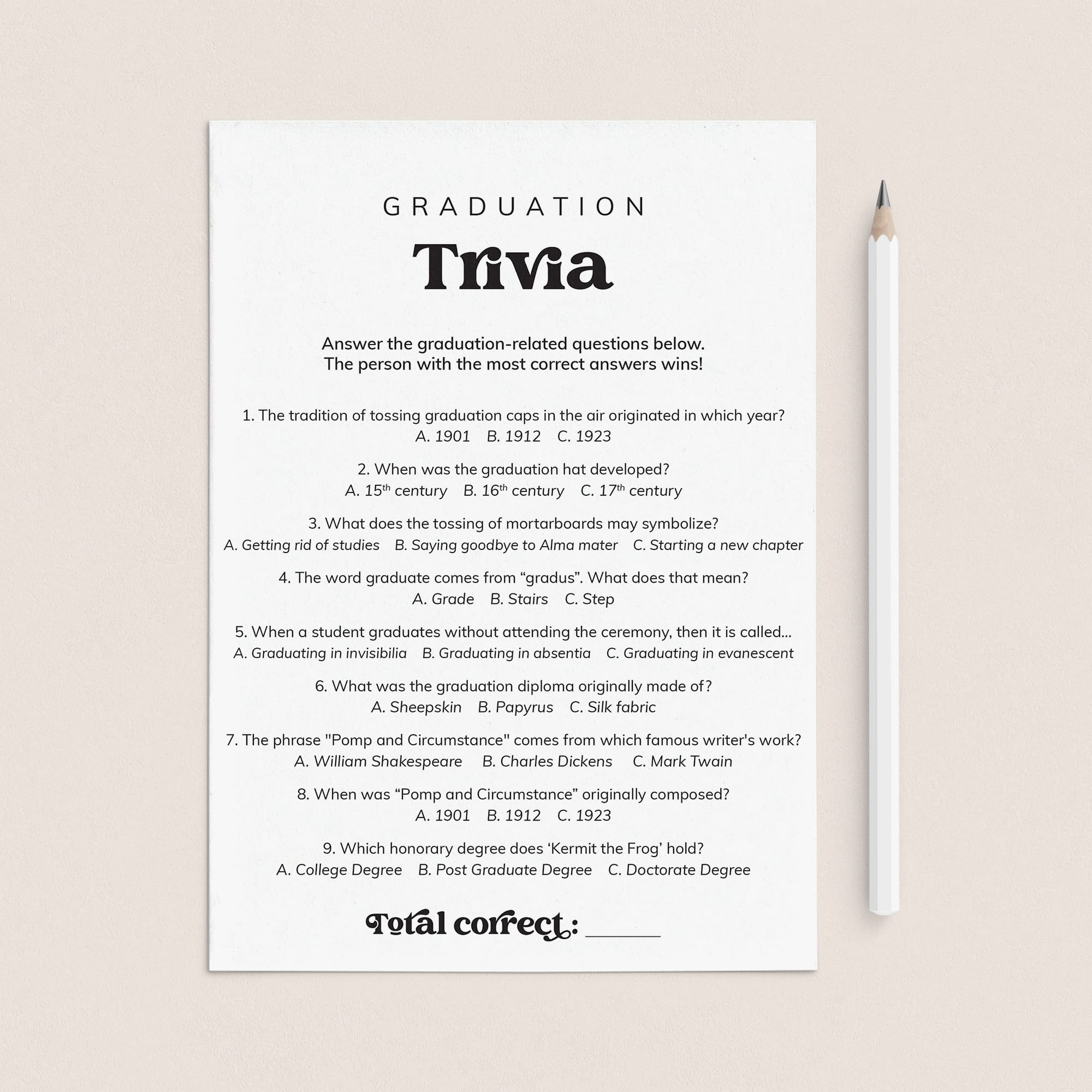 Trivia Questions for Graduation Party with Answers PDF Printable by LittleSizzle