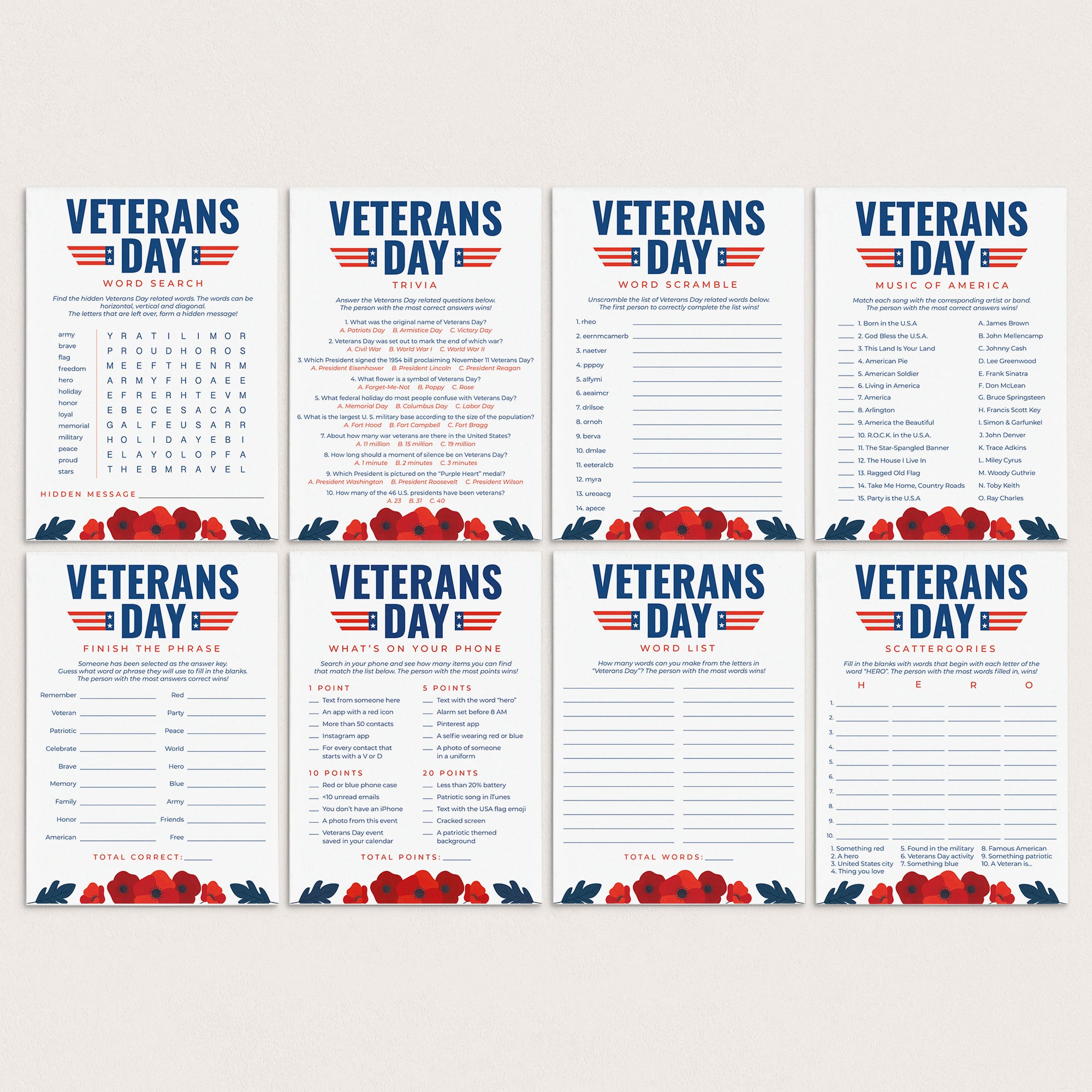 Veterans Day Game Bundle Printable by LittleSizzle