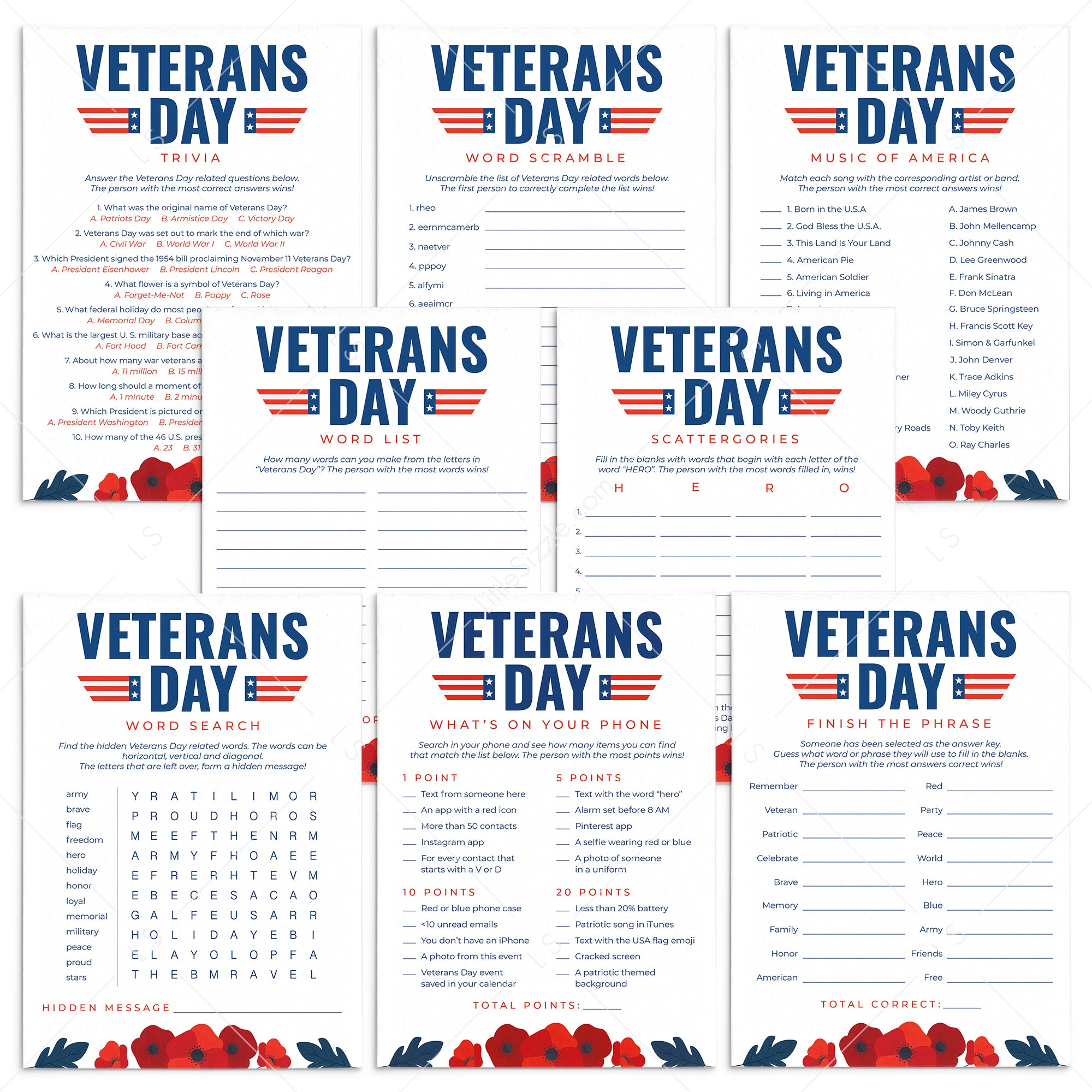 Veterans Day Game Bundle Printable by LittleSizzle