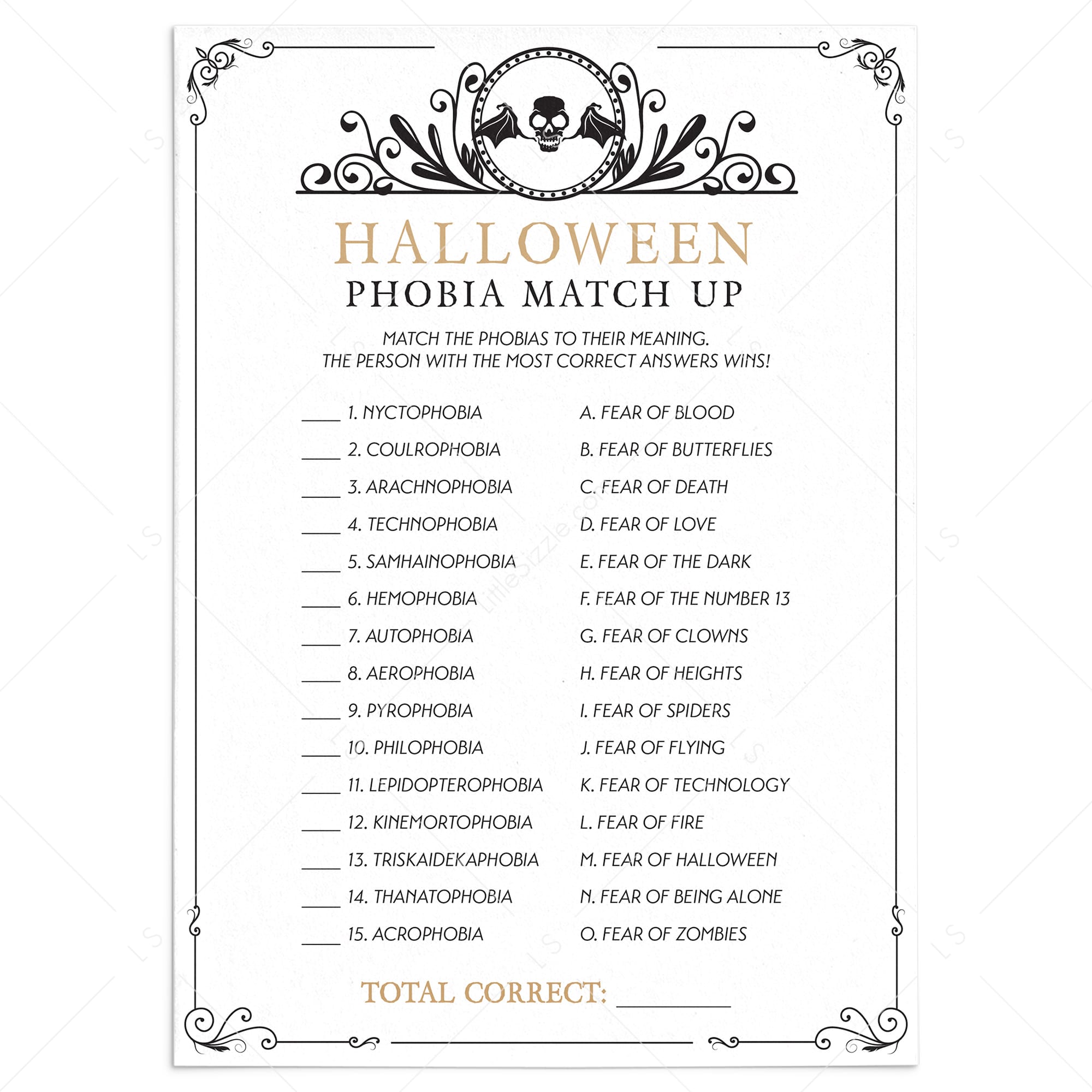 Match That Phobia Halloween Quiz with Answers Printable by LittleSizzle