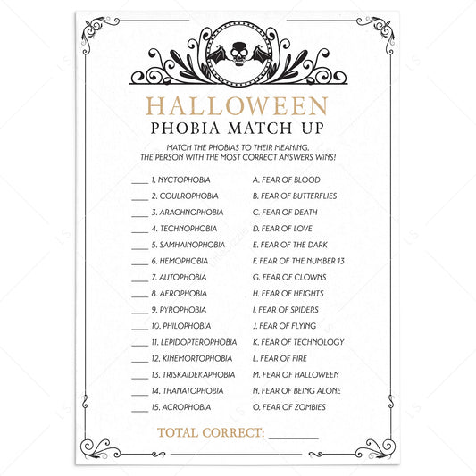 Match That Phobia Halloween Quiz with Answers Printable by LittleSizzle