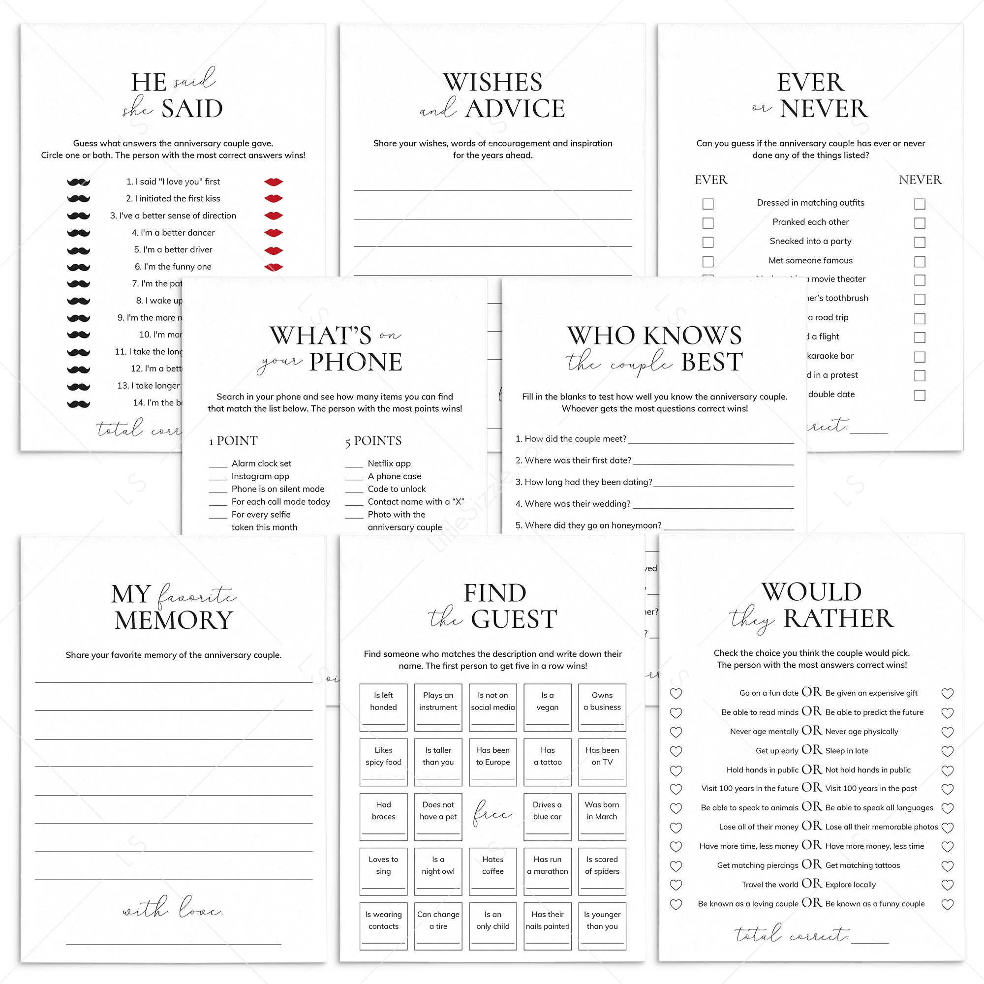 Simple Minimalist Wedding Anniversary Game Bundle Printable by LittleSizzle