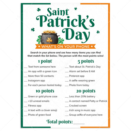 St Patricks Day Phone Game What's On Your Phone Printable by LittleSizzle
