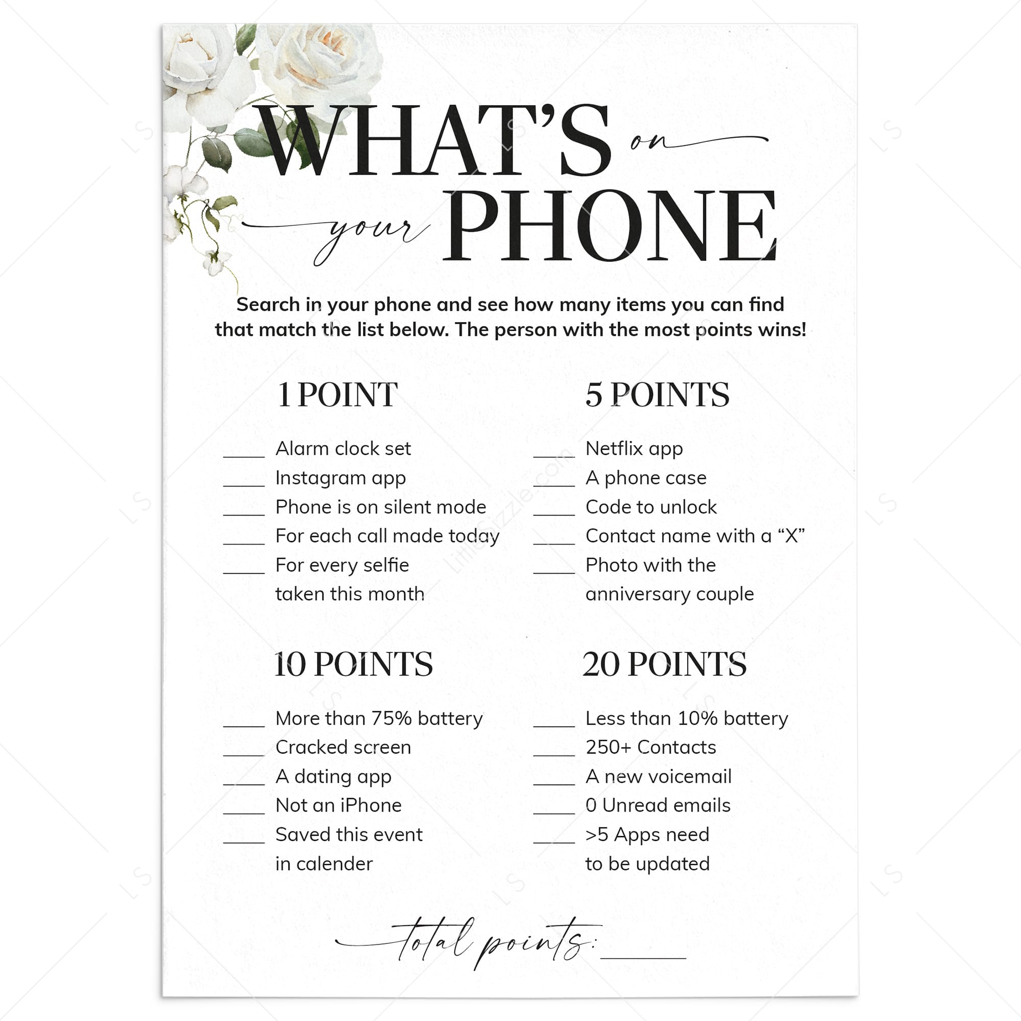 What's On Your Phone Anniversary Party Game White Floral by LittleSizzle