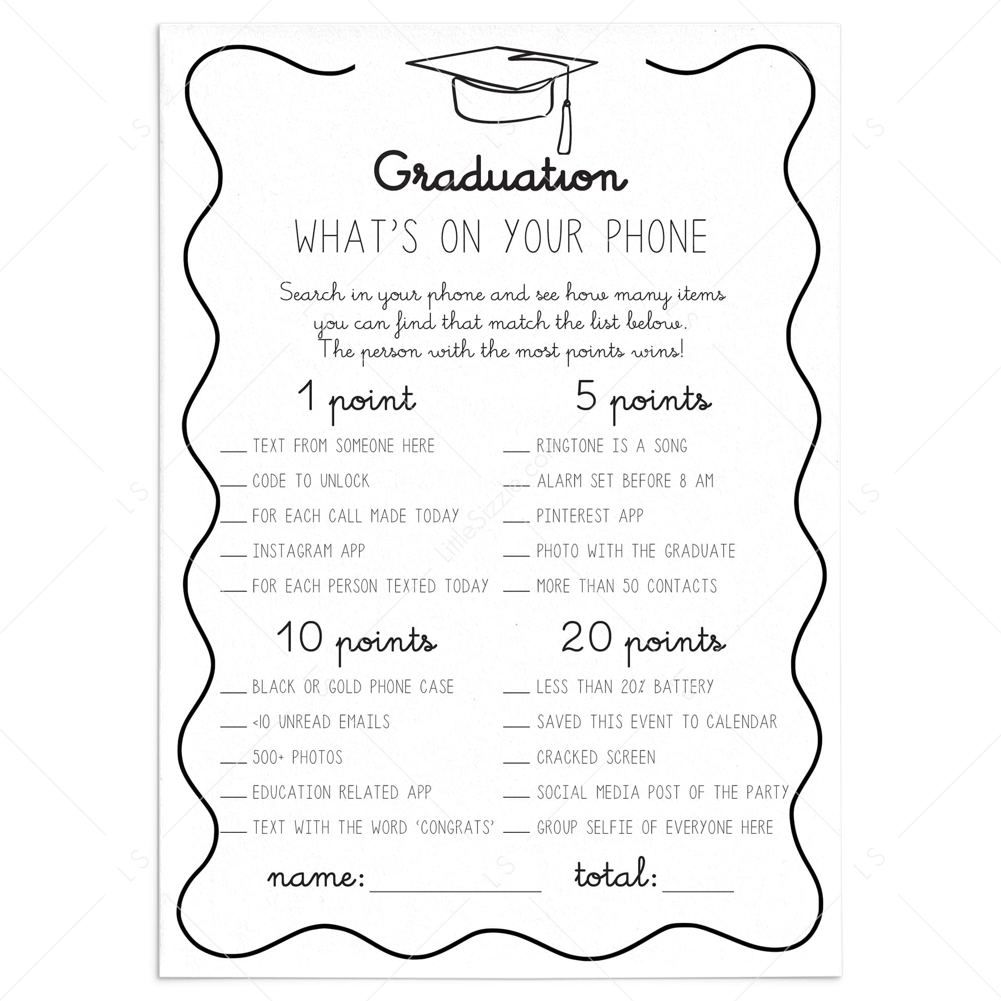 Wavy Border Graduation Party Game What's On Your Phone Printable by LittleSizzle