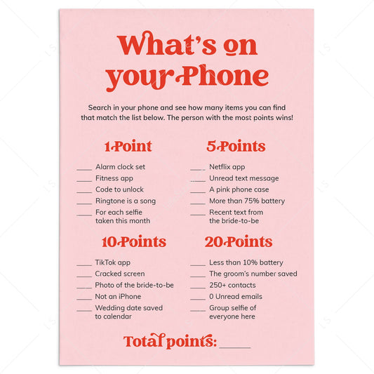 Bridal Shower What's On Your Phone Game Printable Pink and Red by LittleSizzle