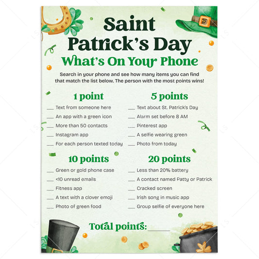 Saint Patricks Day Whats In Your Phone Game Printable by LittleSizzle