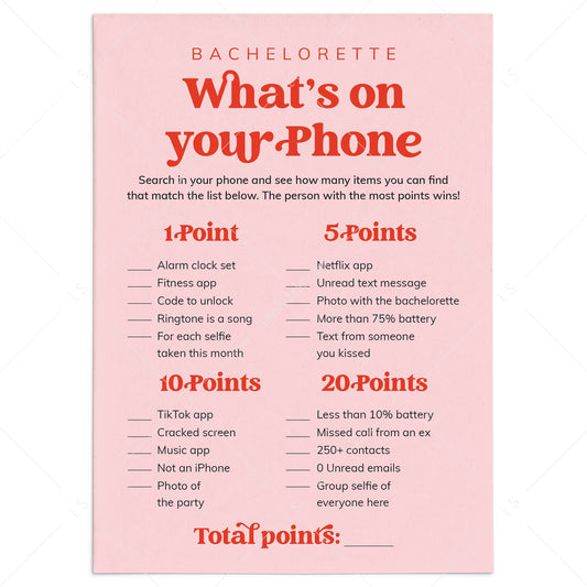 Bachelorette Party Phone Game Printable Pink and Red by LittleSizzle