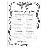 Girls Night Phone Game Printable What's On Your Phone Coquette Bow by LittleSizzle