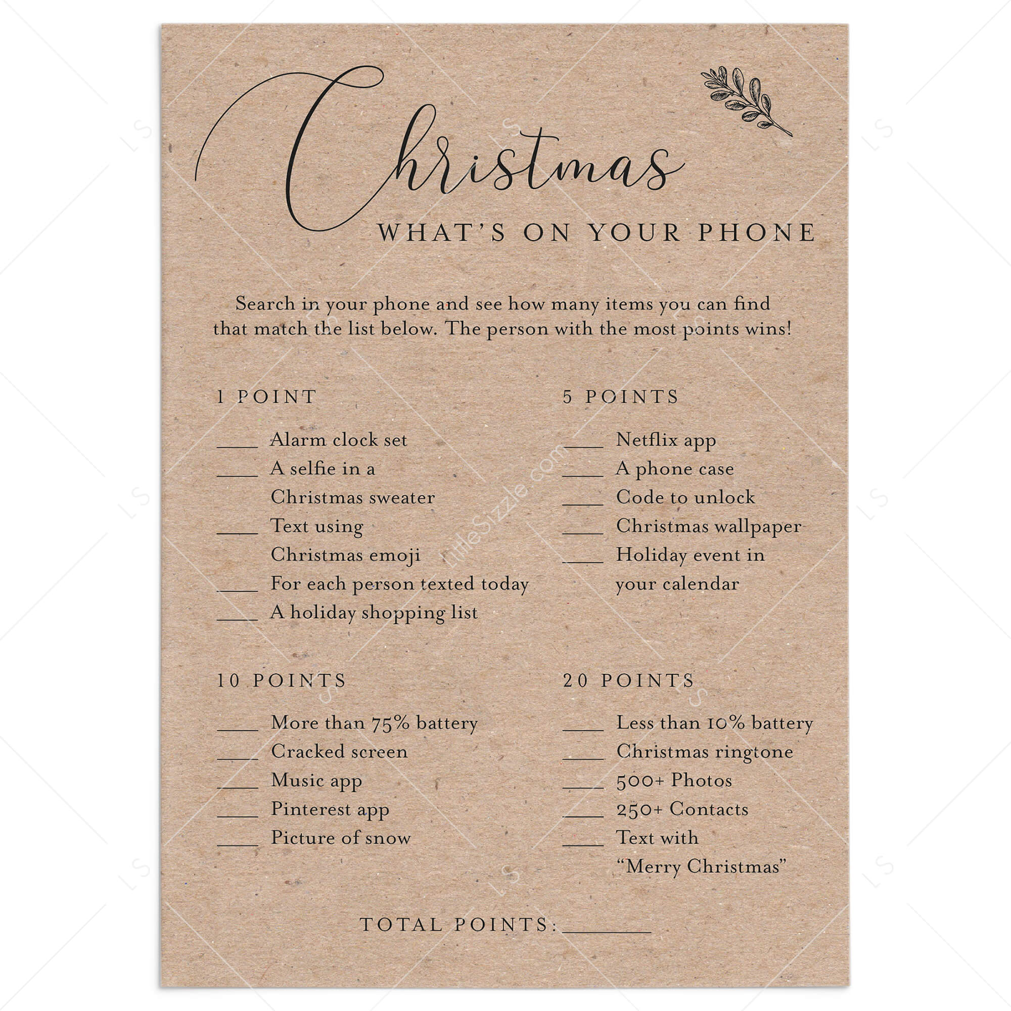 Rustic Christmas Game Whats On Your Phone Printable by LittleSizzle