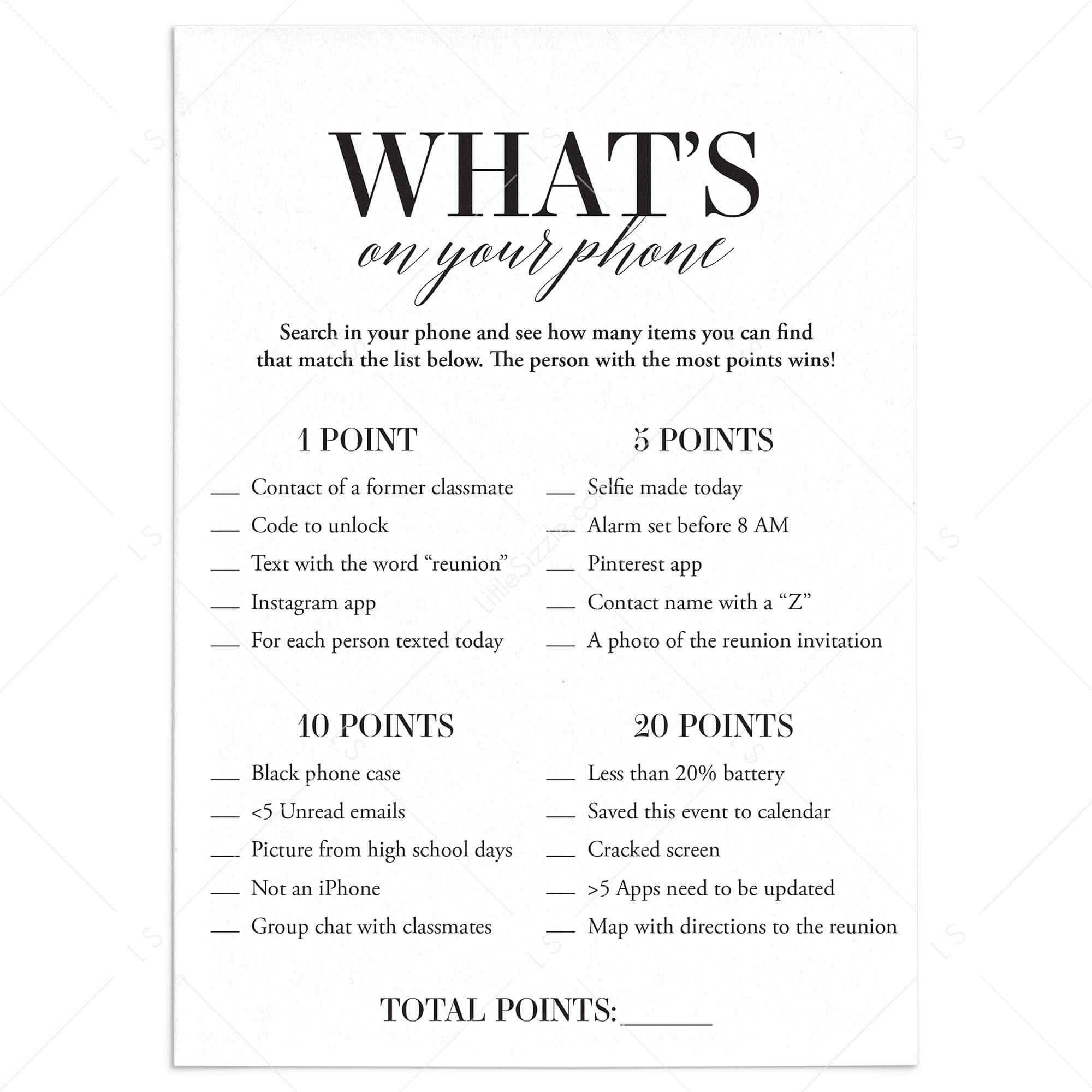 Printable Class Reunion Icebreaker Game What's On Your Phone by LittleSizzle